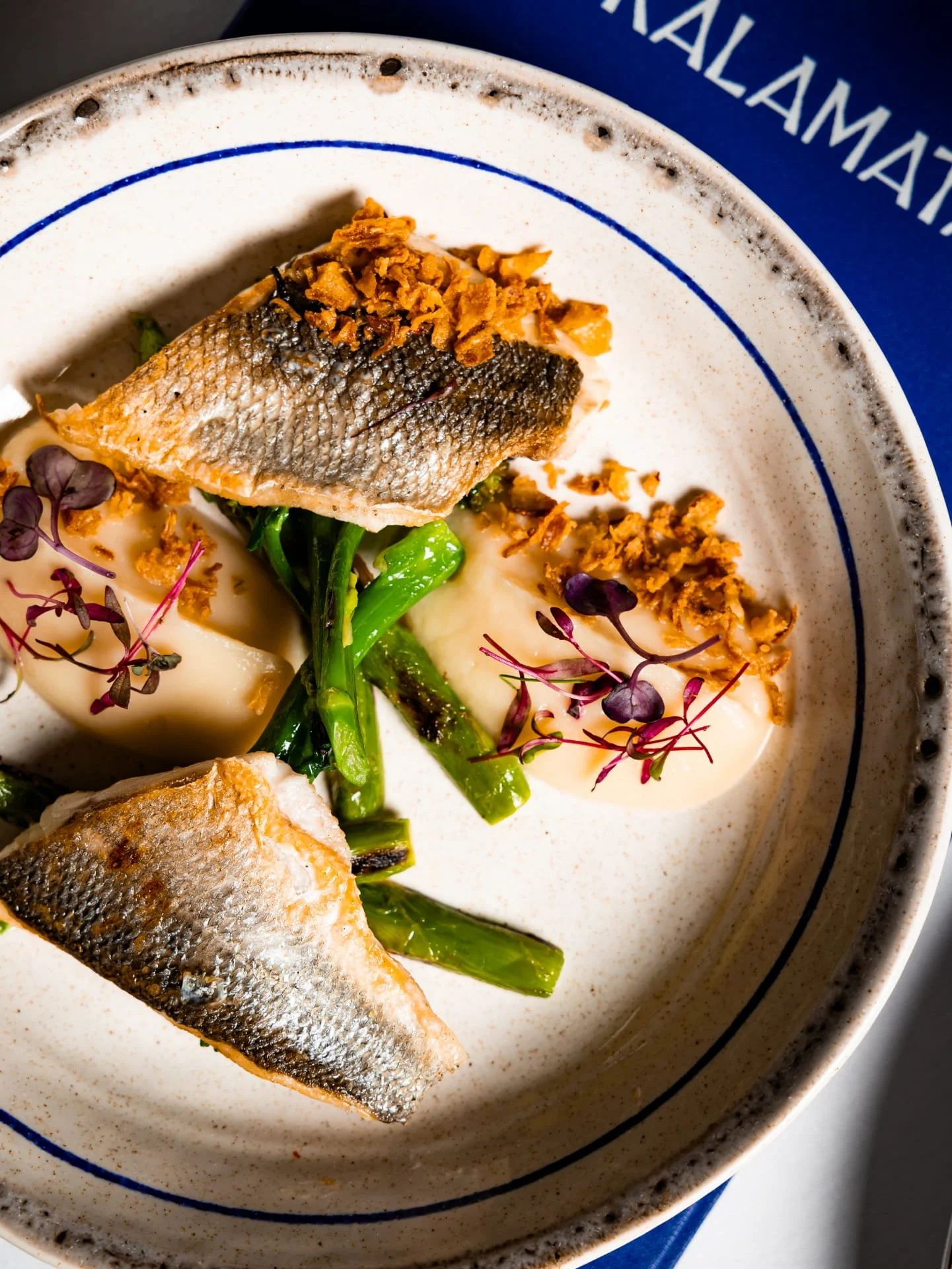 A close-up of a plated dish with a piece of cooked fish, garnished with crispy topping, green vegetables, microgreens, and sauces, served on a speckled ceramic plate.