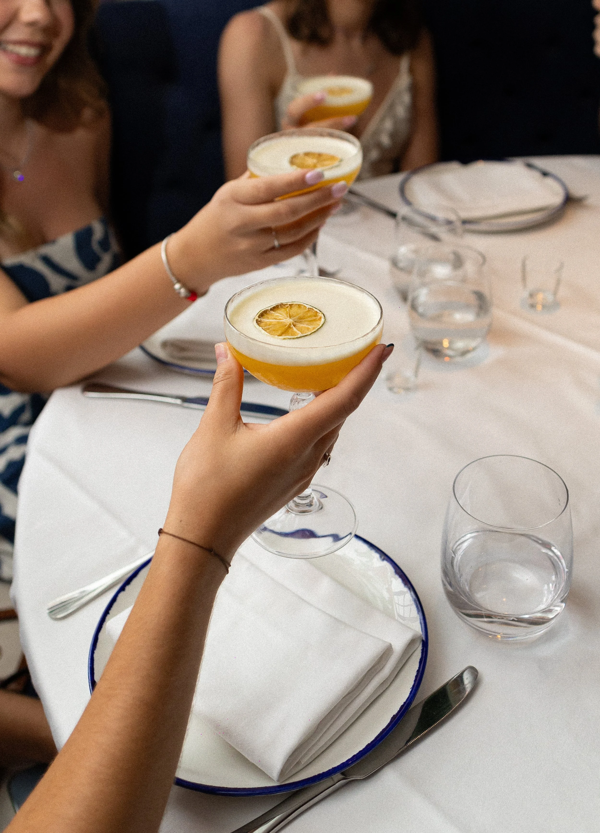 People holding cocktail glasses with lemon slices at a dinner table.