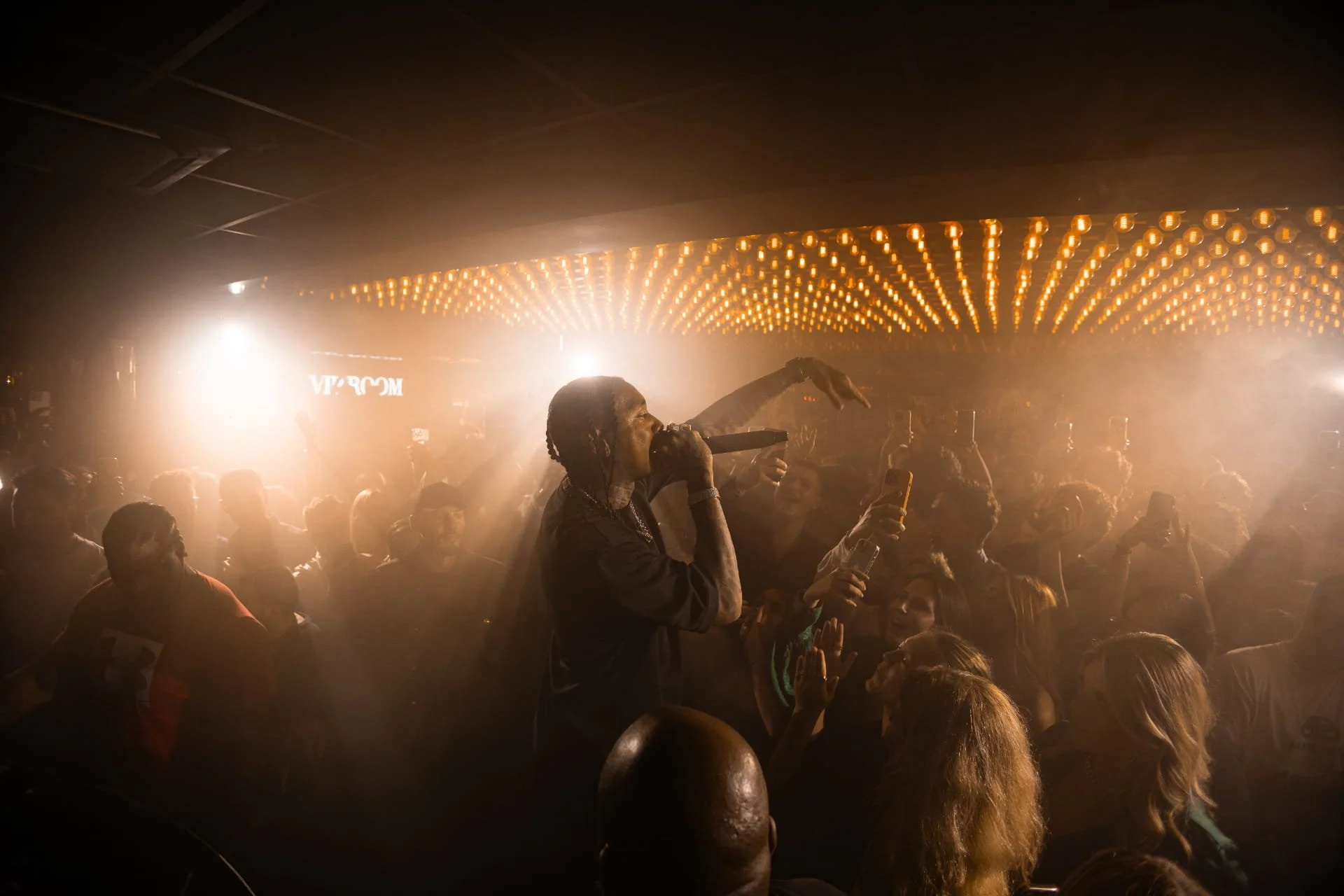 A performer with braided hair holding a microphone and taking a selfie during a concert, surrounded by a crowd, under warm stage lighting.