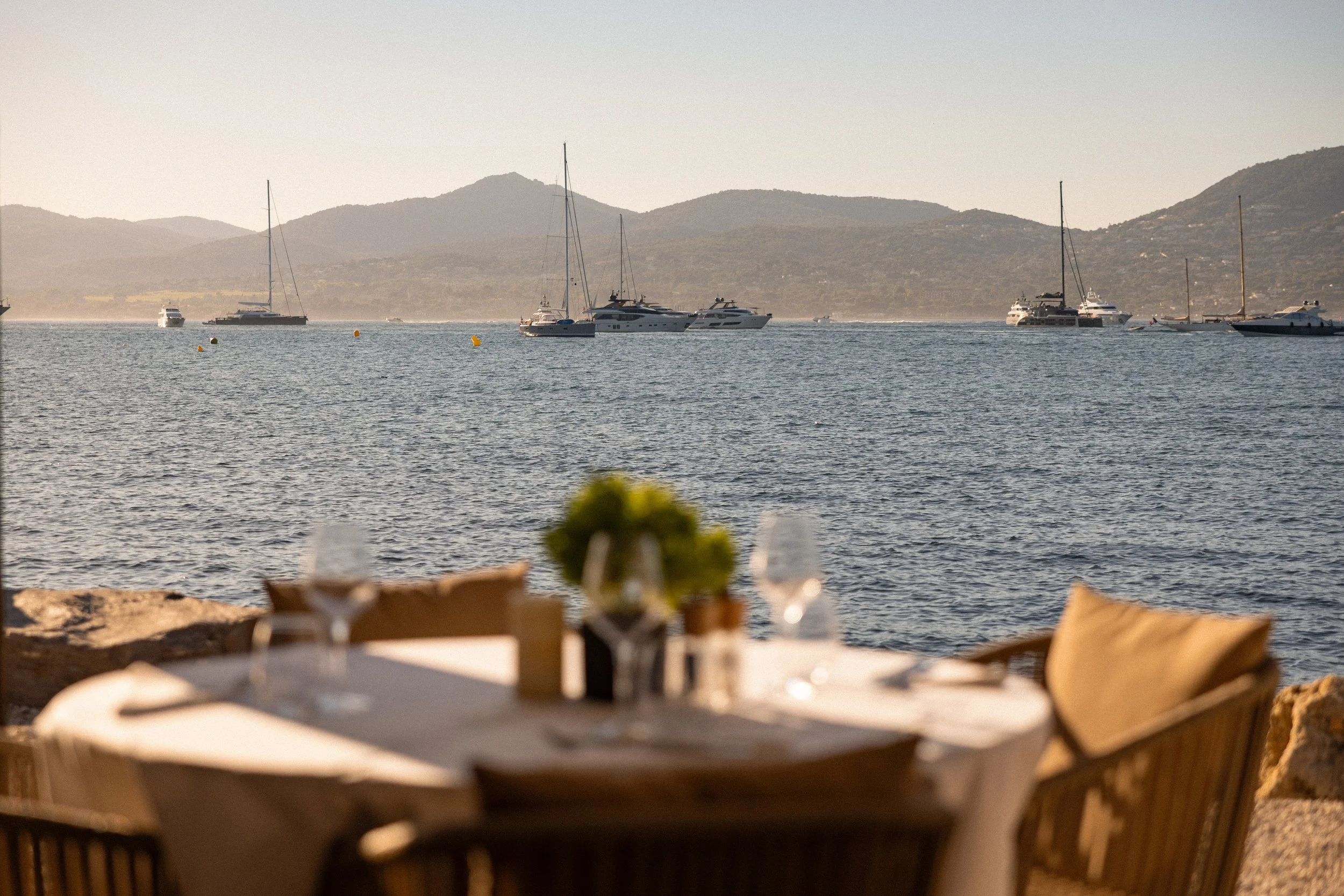 A dockside view showing multiple sailboats and yachts anchored on a calm body of water, with mountains in the background and a clear sky.