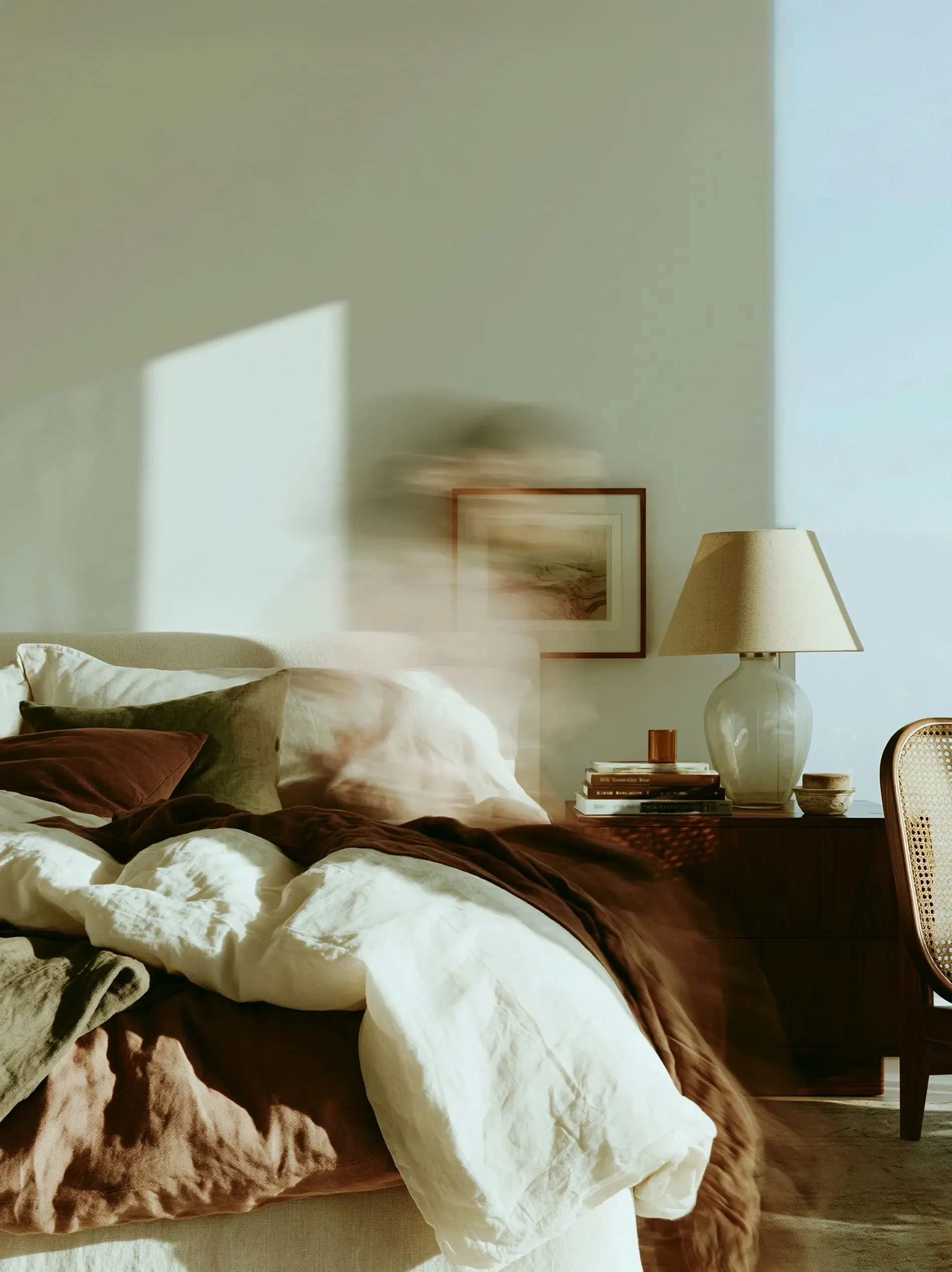A cozy bedroom with an unmade bed featuring white and brown blankets and pillows, a nightstand with stacked books, a large table lamp, and a framed picture on the wall.