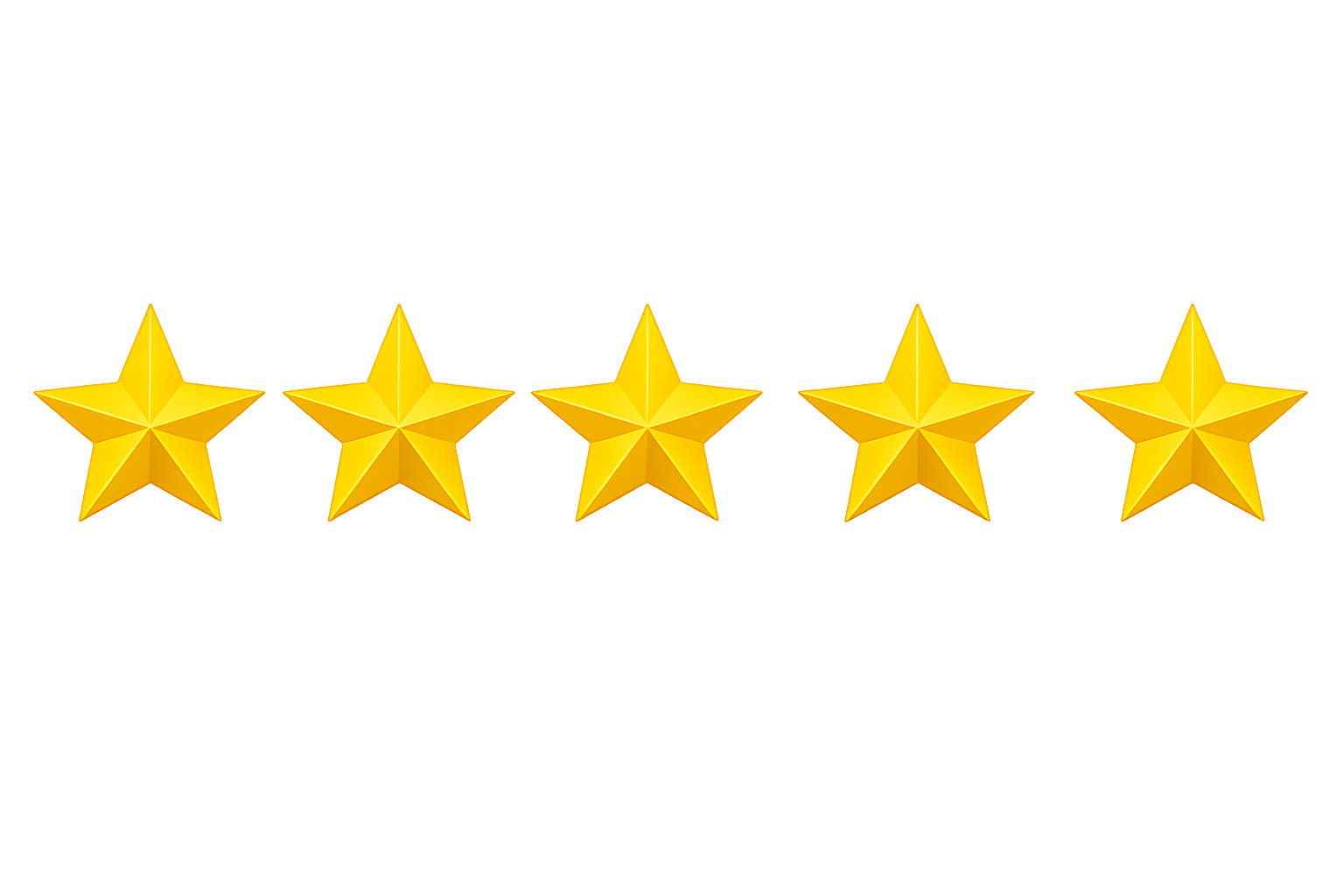 Five gold stars in a row on a reflective surface with a dark background.