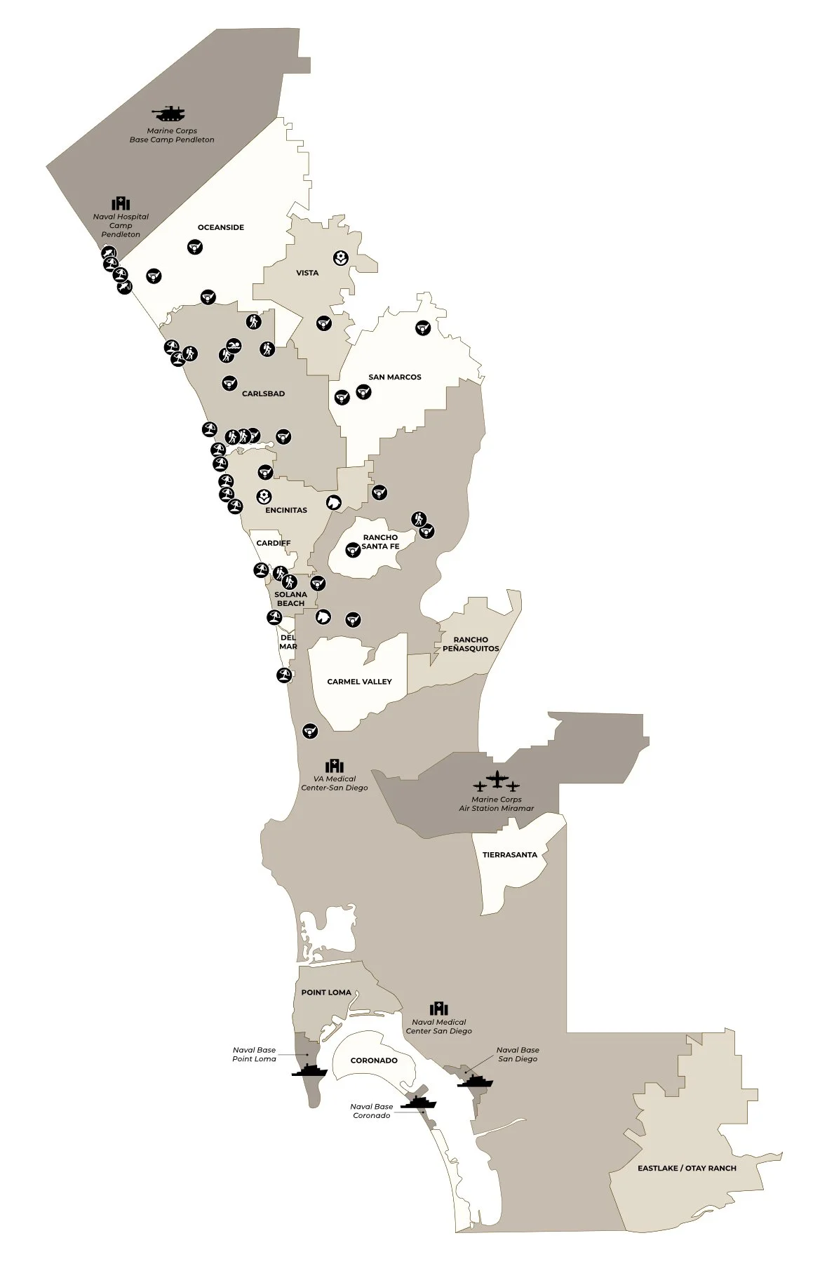 Map of military bases and facilities in San Diego, California, including Marine Corps Base Camp Pendleton, Naval Hospital Camp Pendleton, VA Medical Center San Diego, Naval Medical Center San Diego, and other military installations.