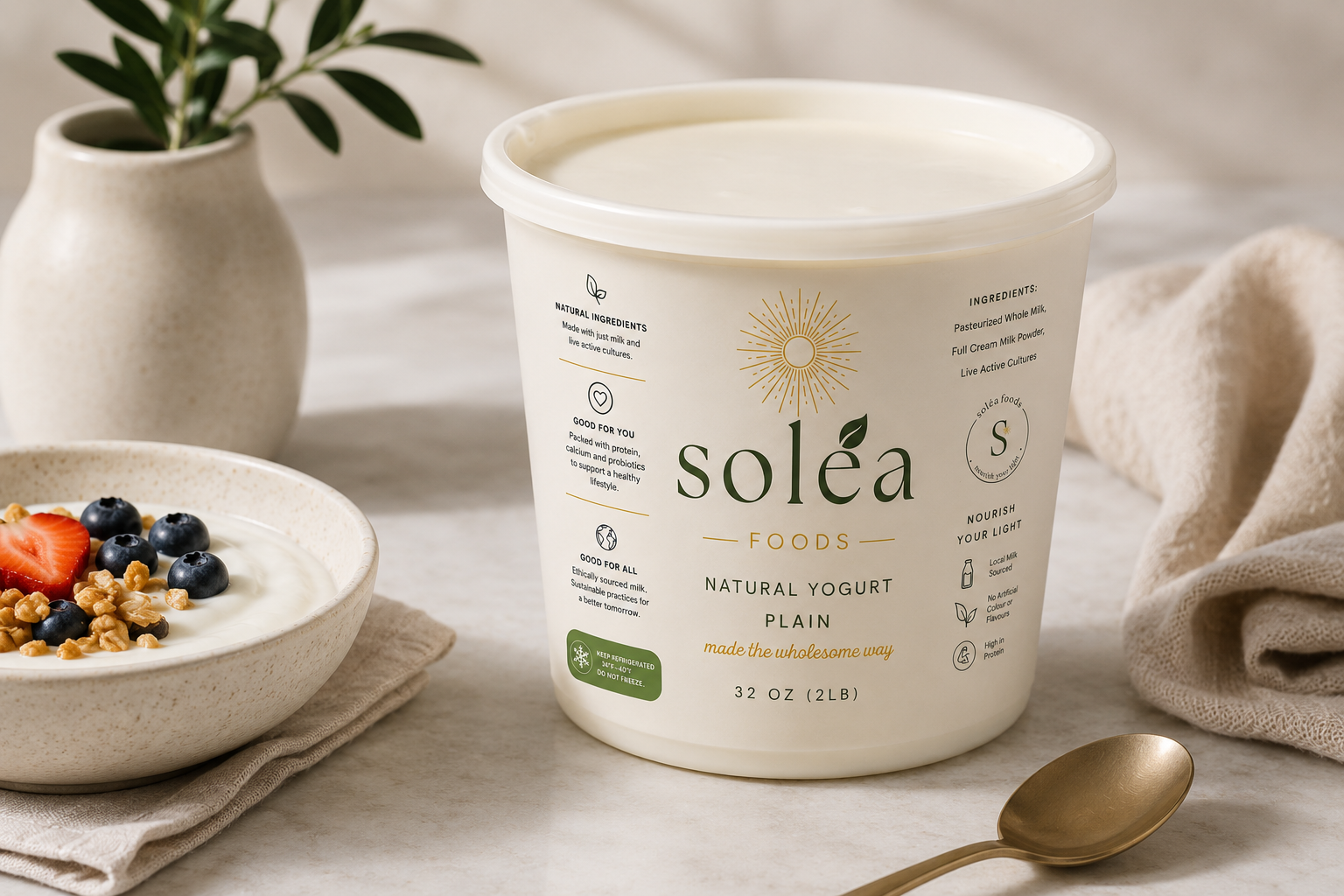 A tub of Soléa Natural Yogurt Plain on a table next to a bowl of yogurt topped with strawberries, blueberries, and granola. A potted plant, a gold spoon, and a beige cloth are also visible.