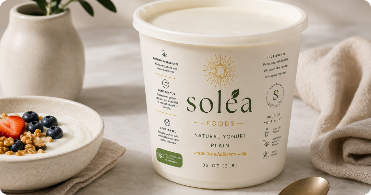 Container of Solea natural yogurt on a kitchen table with a bowl of yogurt topped with blueberries, strawberries, and granola, a beige cloth, a gold spoon, and a white vase with green leaves