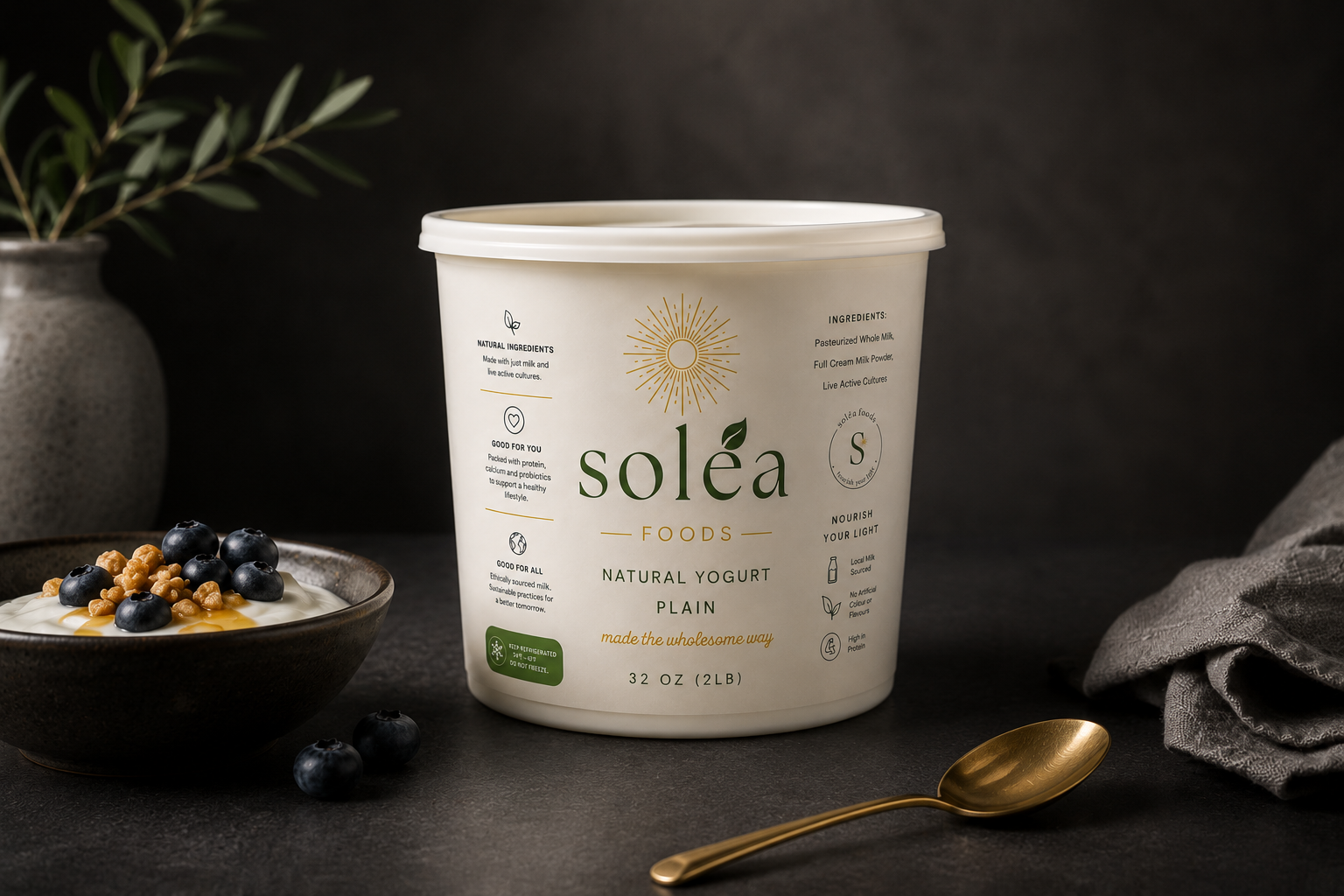 A container of Solea natural plain yogurt next to a bowl of yogurt topped with blueberries and honey, with a gold spoon and a gray napkin on a black surface, and a potted plant in the background.