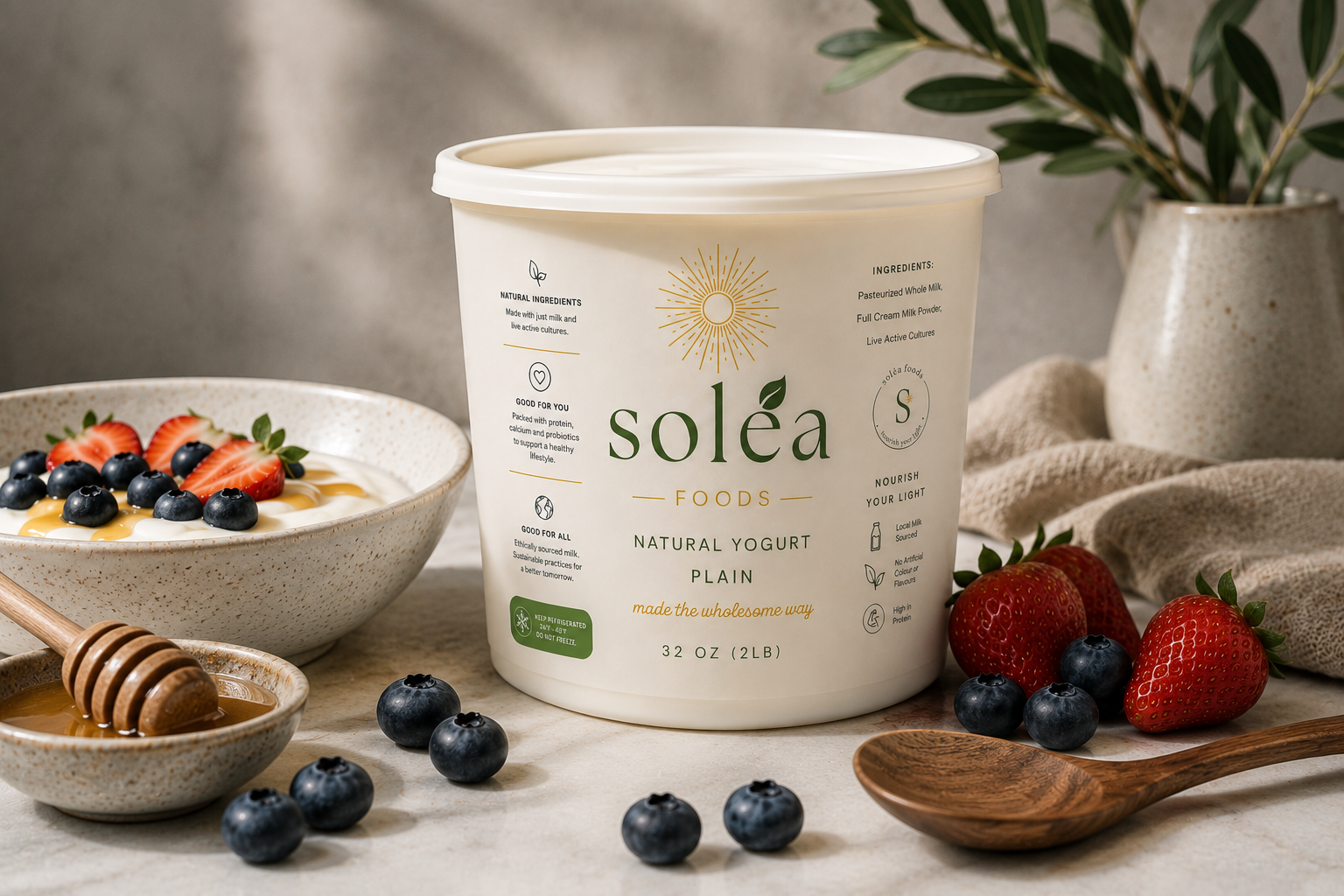 A large container of Soléa plain natural yogurt surrounded by strawberries, blueberries, honey, a bowl of yogurt with fruit, and a potted plant in the background.