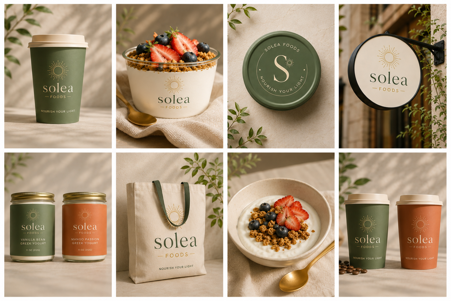 A collection of packaging and food items from Solea Foods including a green coffee cup, a bowl of yogurt topped with strawberries, blueberries, and granola, a green lid, a signboard, two jars of flavored yogurt, a reusable tote bag, and a bowl of yogurt with granola and berries, all displayed on neutral backgrounds with greenery.