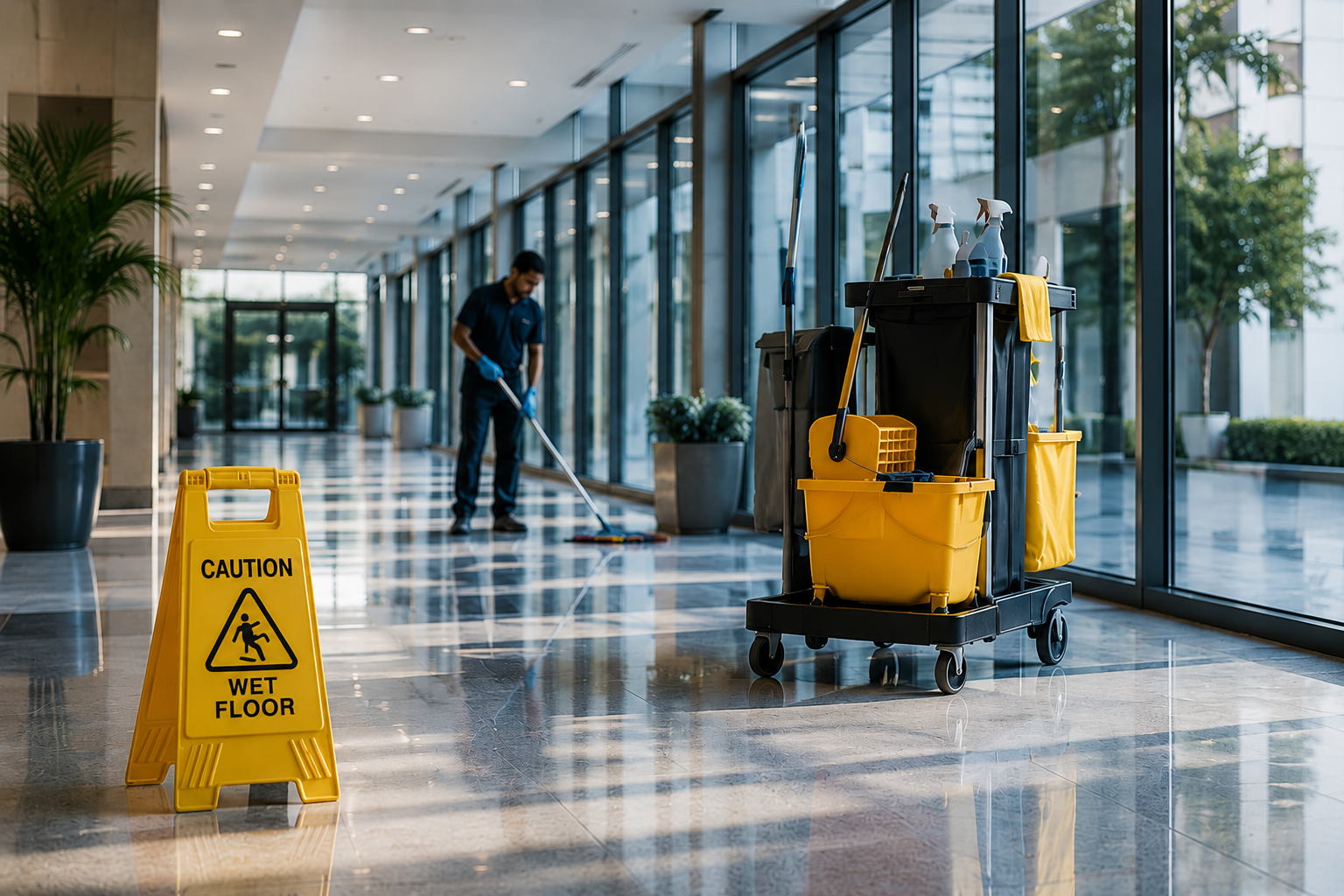 Janitor mopping wet floor in a modern building lobby with cleaning cart and caution sign.