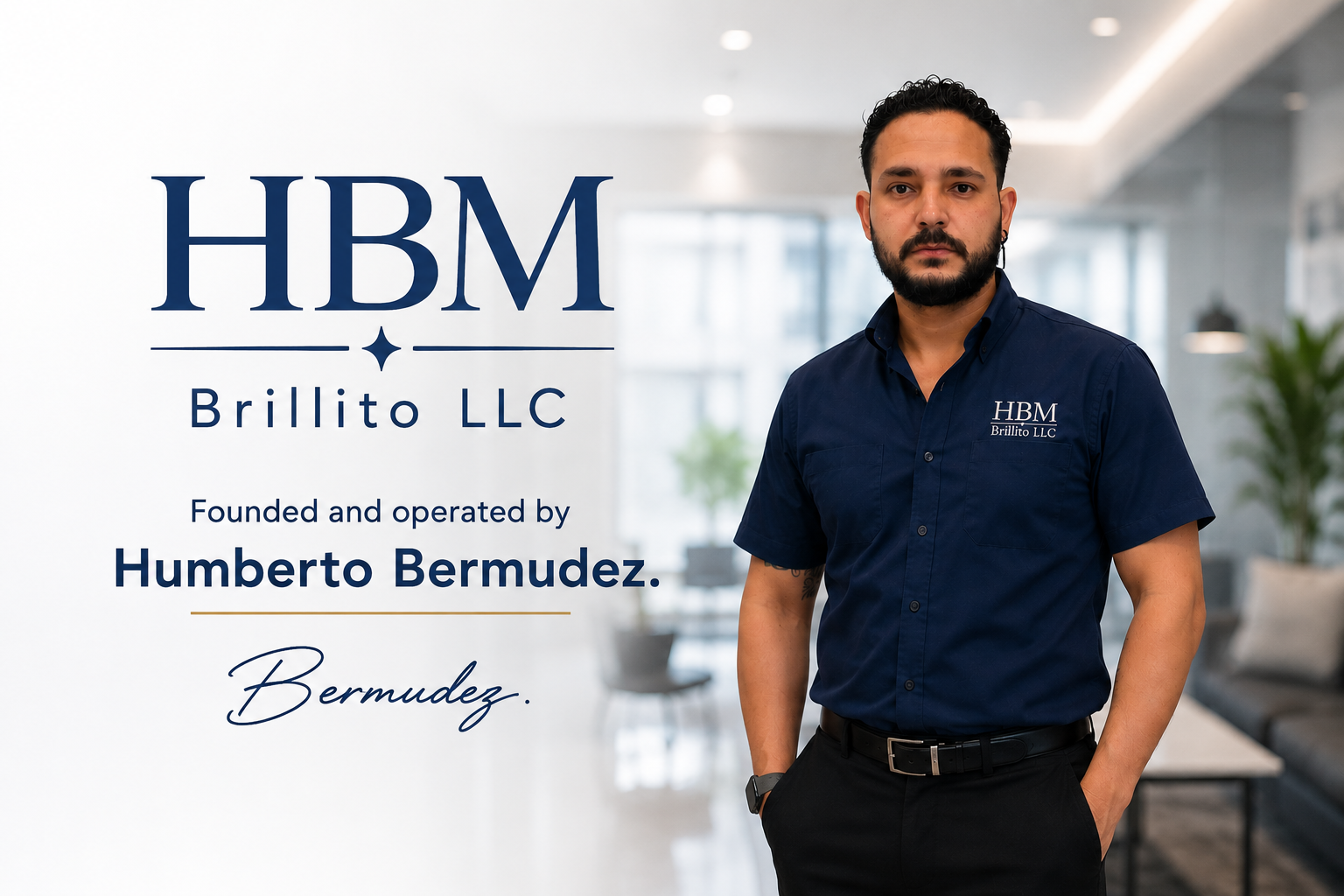 A man in a dark blue shirt with "HBM Brillito LLC" embroidered on it, standing in a modern office with a large window and green plants, beside a sign that reads "HBM Brillito LLC. Founded and operated by Humberto Bermudez. Bermudez."