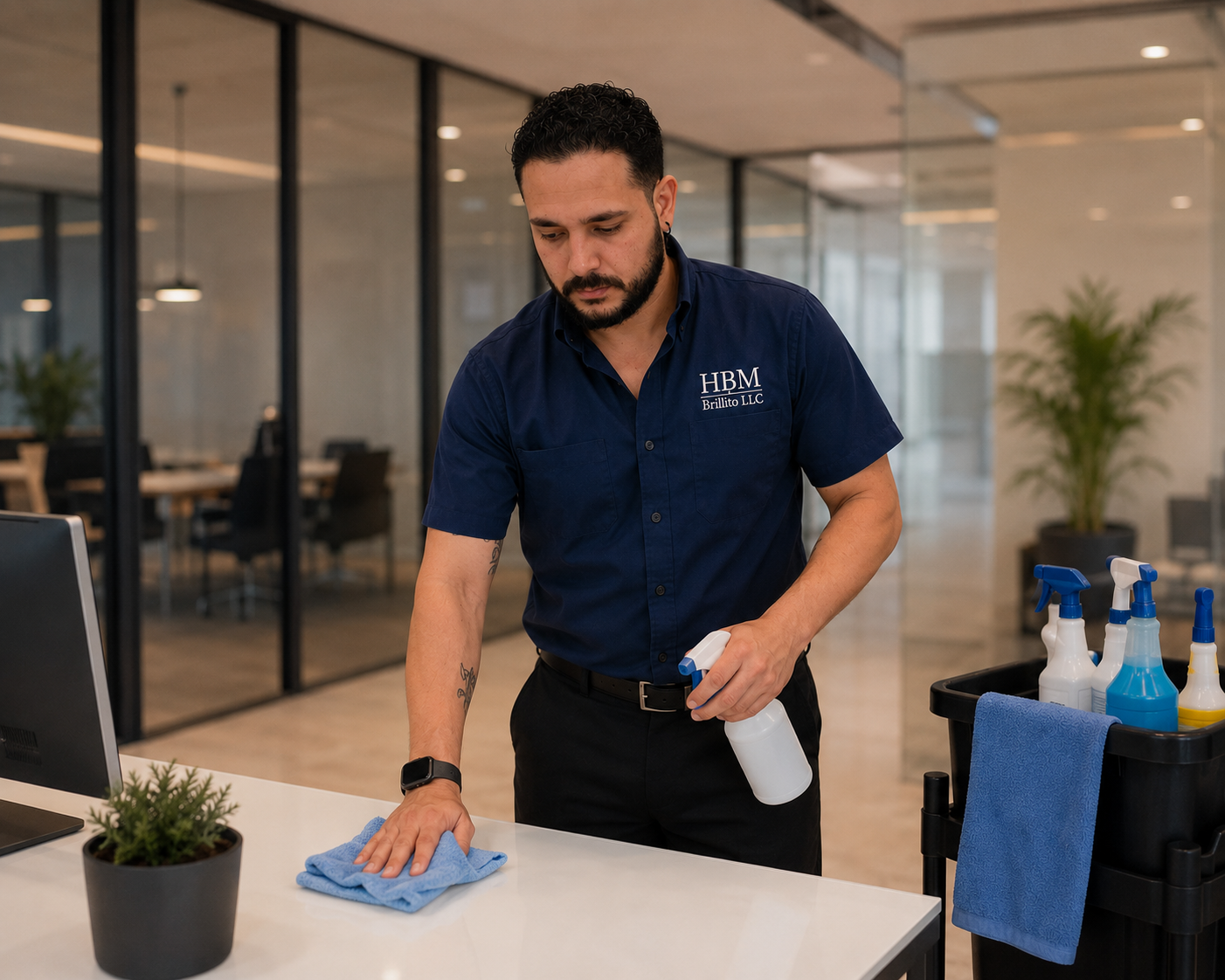 A man in a blue uniform cleaning a white desk with a blue cloth, holding a spray bottle, in an office setting.