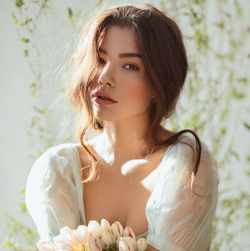 A young woman with wavy brown hair holding a bouquet of light pink tulips, standing in a sunlit, natural setting with greenery in the background.