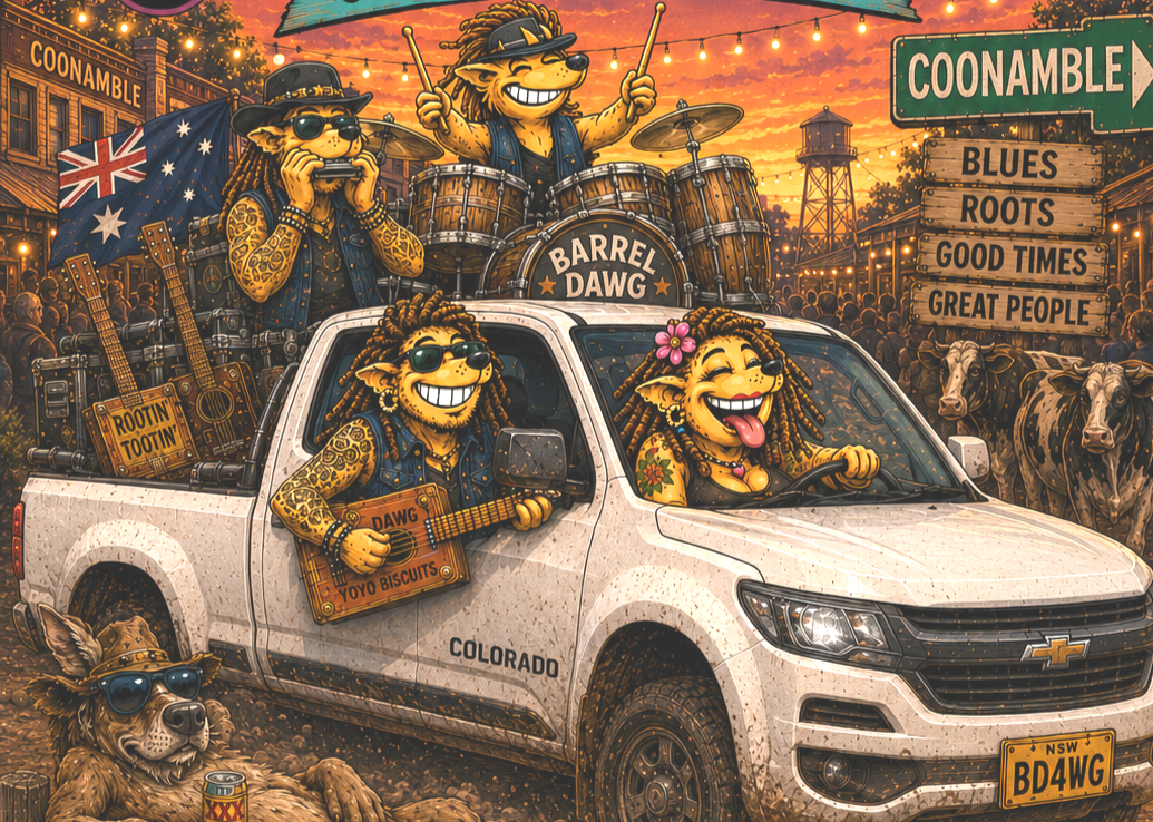Celebratory band of anthropomorphic dogs and a cat with musical instruments in a parade, driving a white Chevrolet pickup truck marked 'Colorado', against a sunset background with a crowd, cows, and street signs.