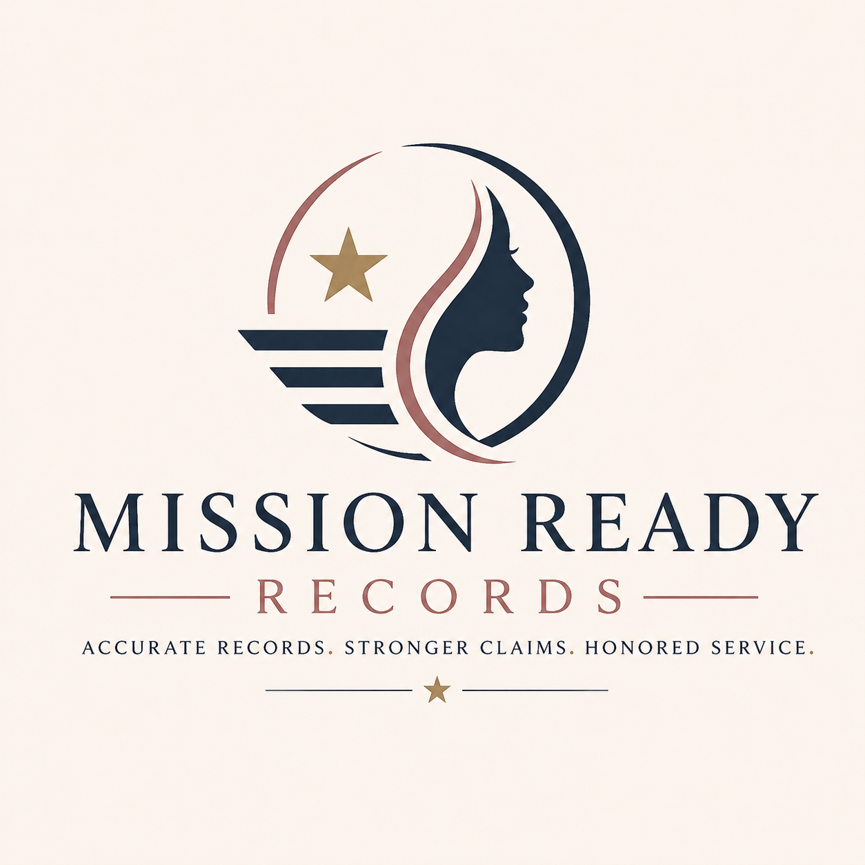 Logo for Mission Ready Records featuring a woman's profile, a star, and stripes, with the text "Mission Ready Records" and the tagline "Accurate Records. Stronger Claims. Honored Service."