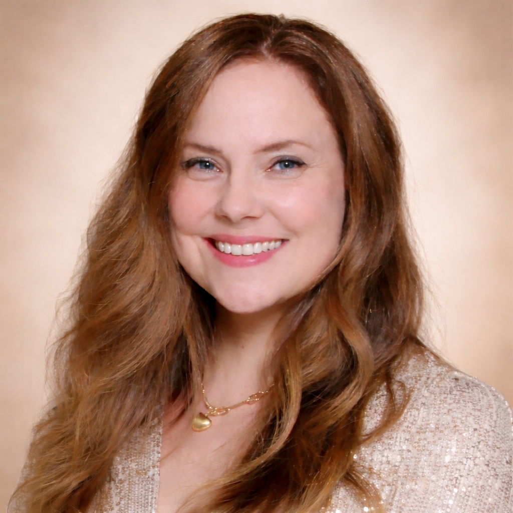 A woman with long, wavy red hair smiling at the camera, wearing a sparkly beige top and a gold heart-shaped necklace.