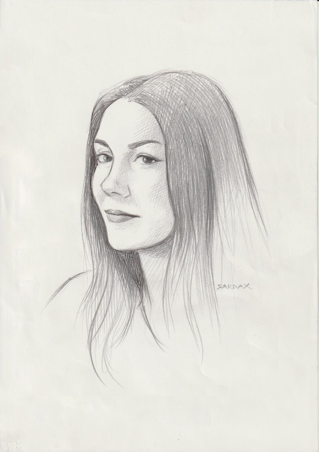 A detailed pencil sketch portrait of a woman with long hair, looking slightly to the side with a neutral expression.