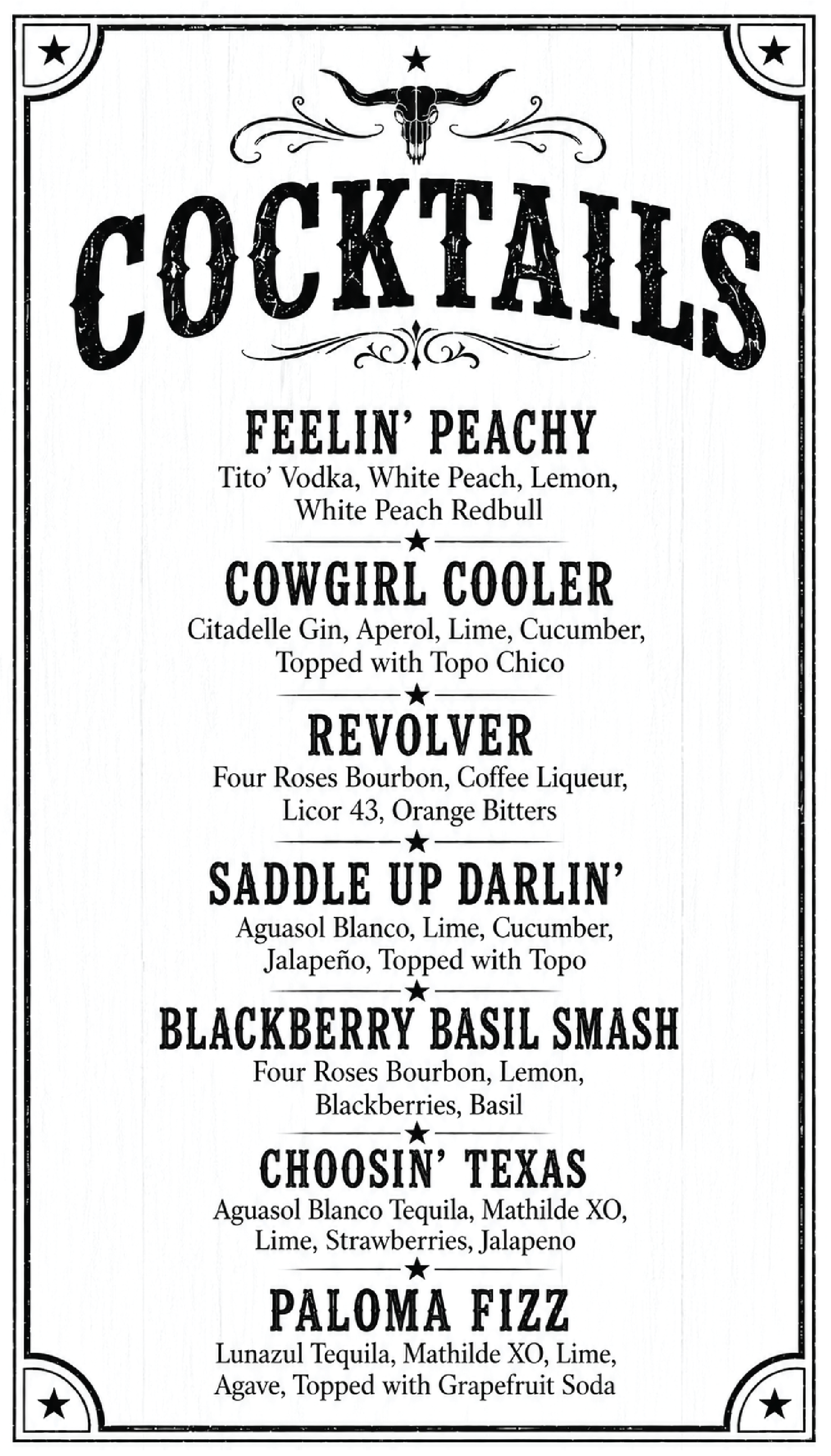 Hey Darlin' Saloon cocktails and drinks menu Houston Heights