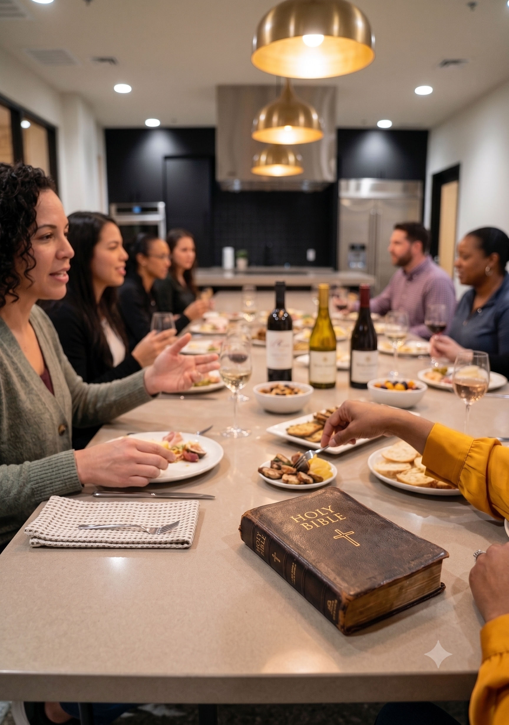 A diverse group of people gathered around a dining table in a modern kitchen, enjoying a meal with wine, snacks, and bread, with a Holy Bible placed on the table.