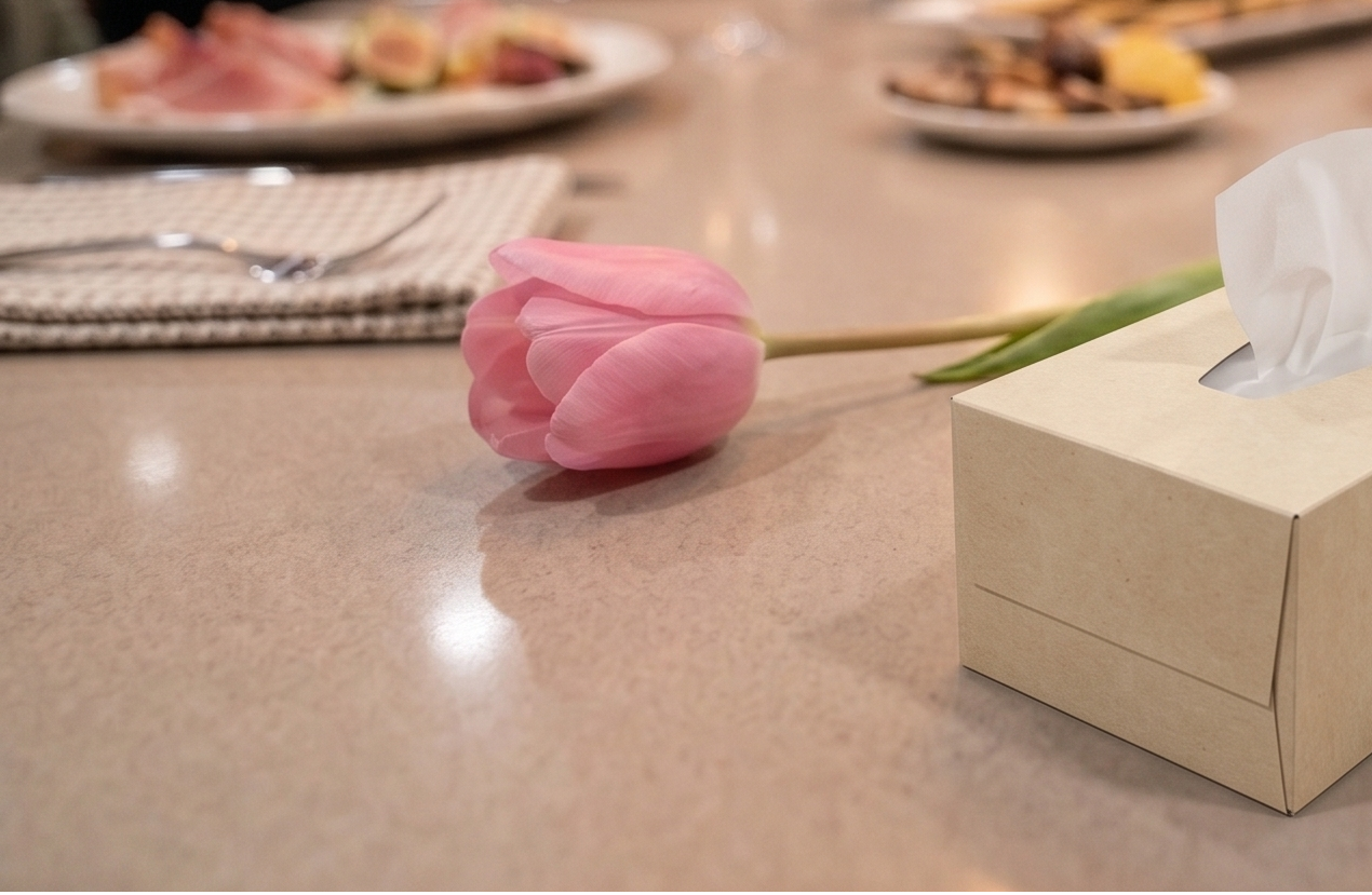Pink tulip laying on a beige countertop next to a tissue box with a tissue pulled out, with plates of food in the blurred background.