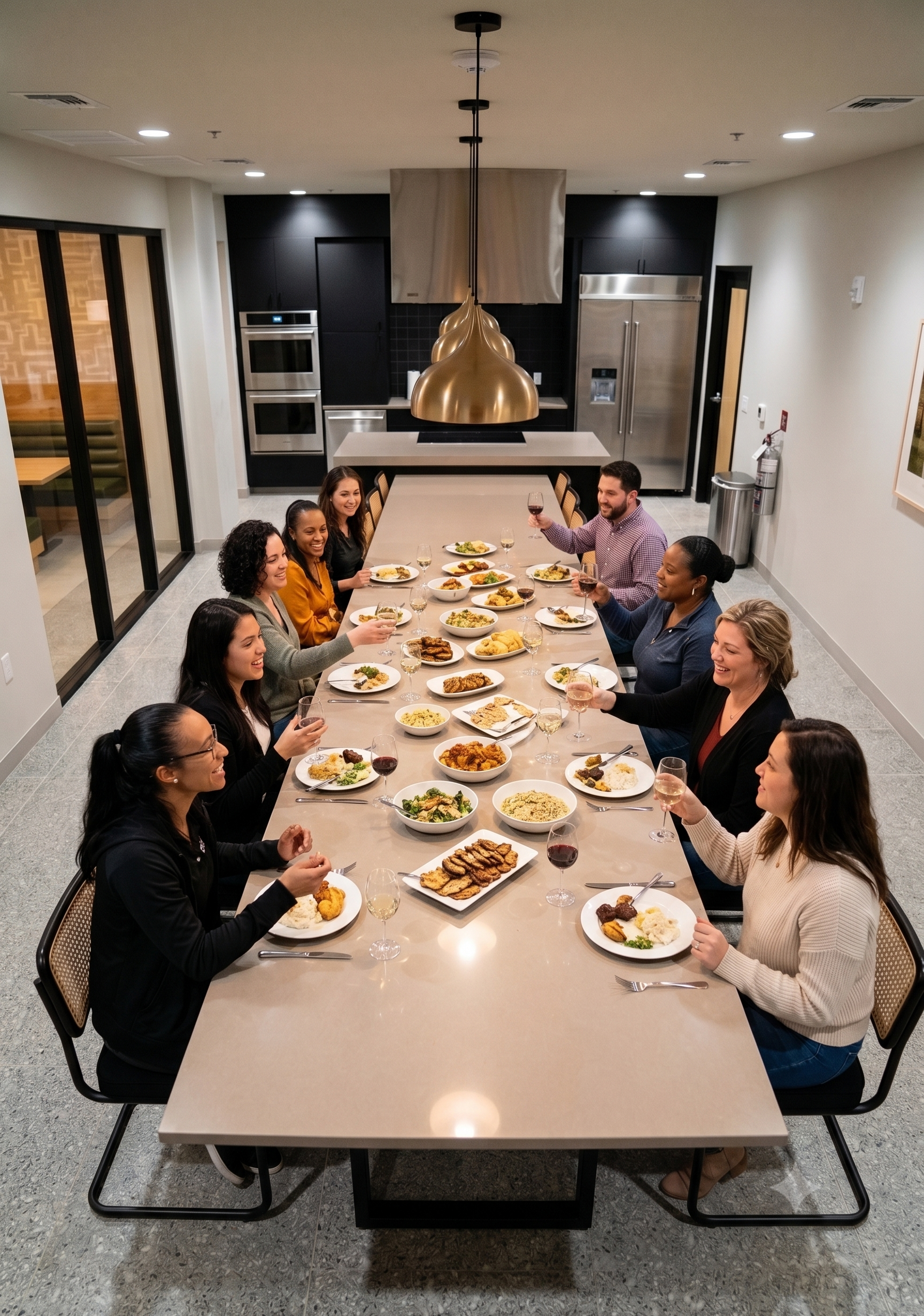 A group of ten people sitting around a long dinner table enjoying a meal and drinks in a modern kitchen or dining area.