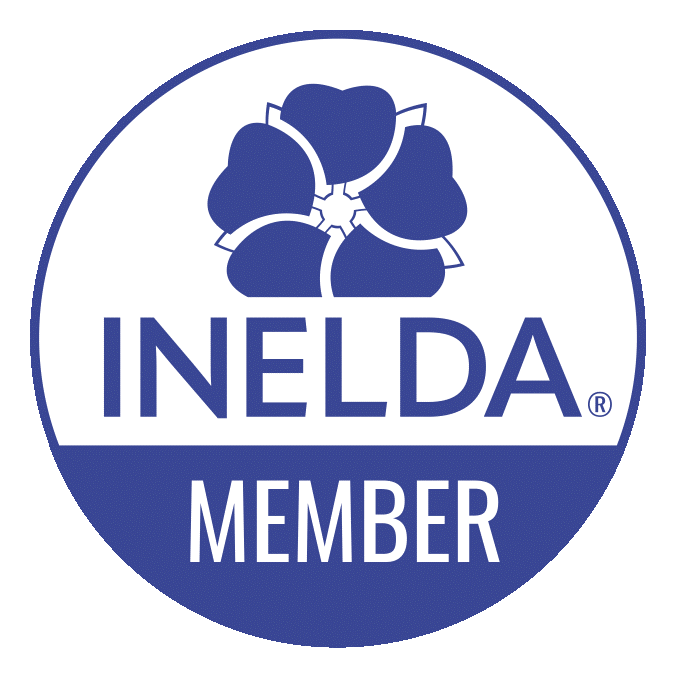 A circular INELDA Member badge with a blue and white color scheme, featuring a stylized flower or rosette at the top.