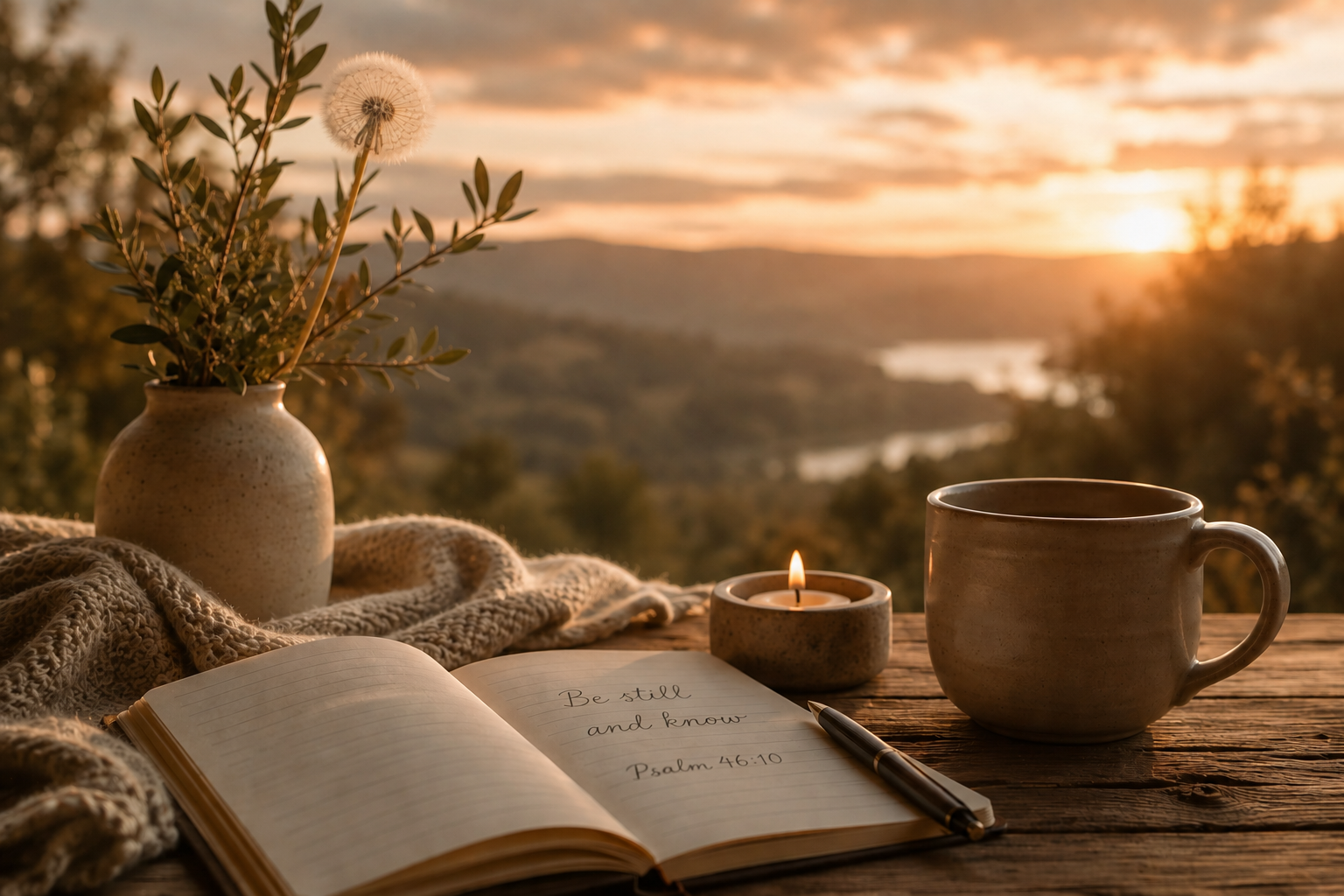 A cozy outdoor scene at sunset with a wooden table, a ceramic mug, an open notebook with a handwritten message saying "Be still and know Psalm 46:10," a pen, a lit candle, a potted plant, a rolled knit blanket, and a scenic view of mountains and a river in the background.