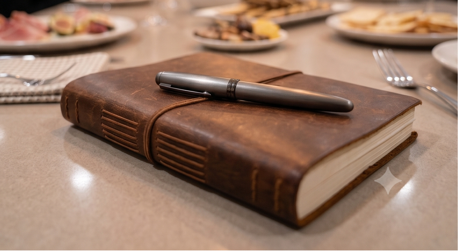 A leather journal with a pen resting on it, placed on a table with dishes and cutlery in the background.