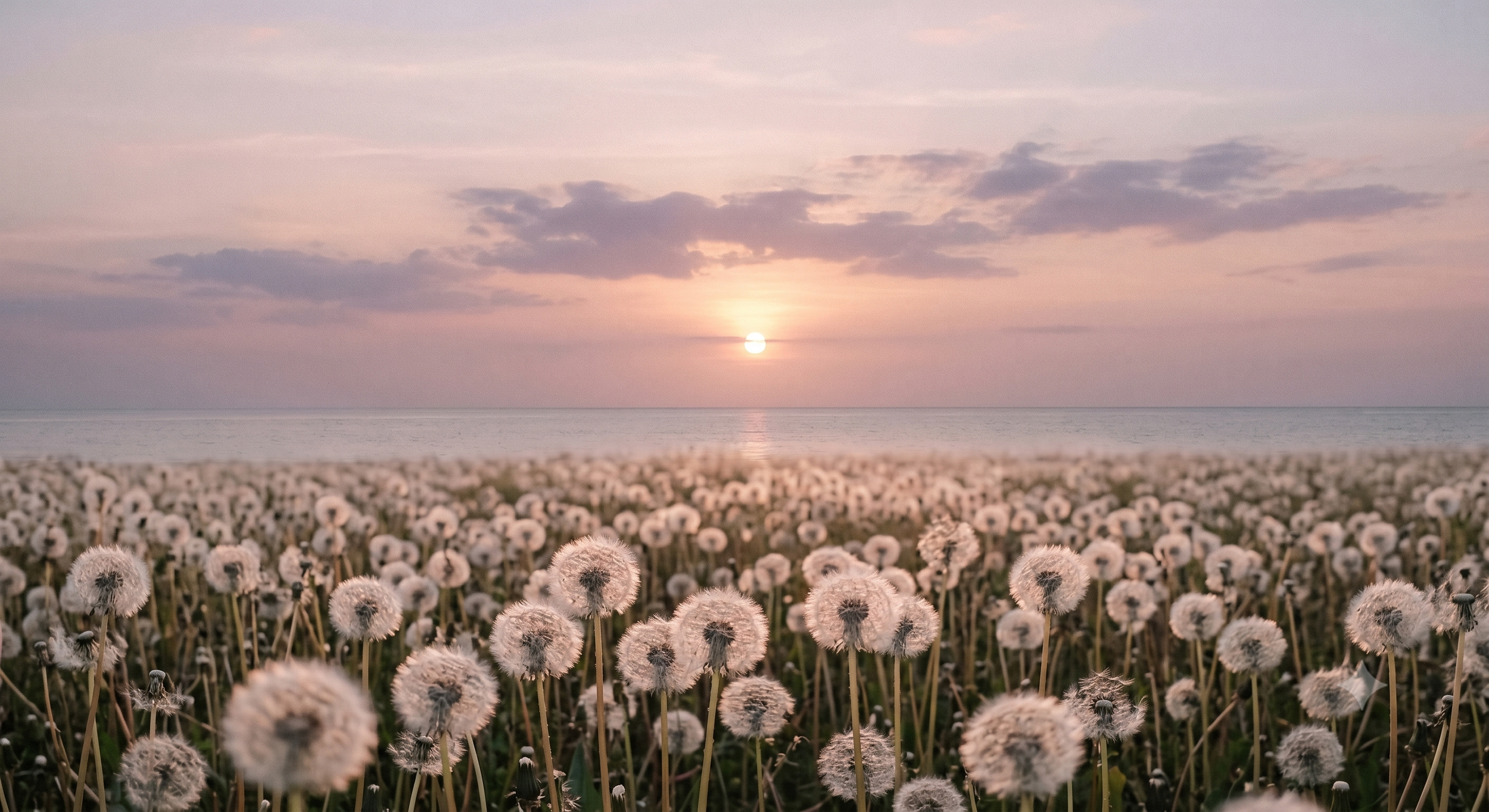 A field of dandelions at sunset with the ocean in the background and pink, purple, and gray sky.
