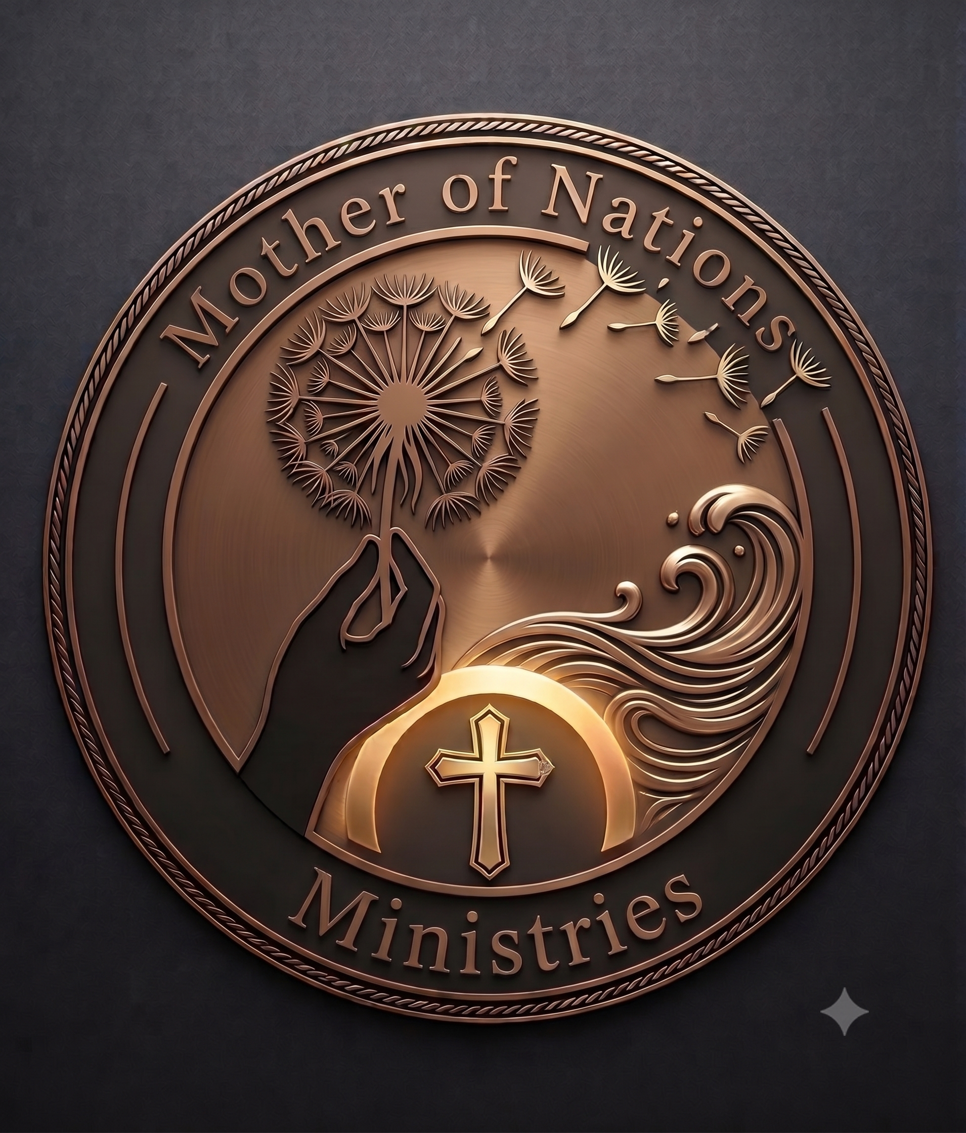 Seal of the United States Department of Homeland Security, with a stylized oak tree and a cross, and the words 'Mother of Nations' and 'Ministries' around the edge.
