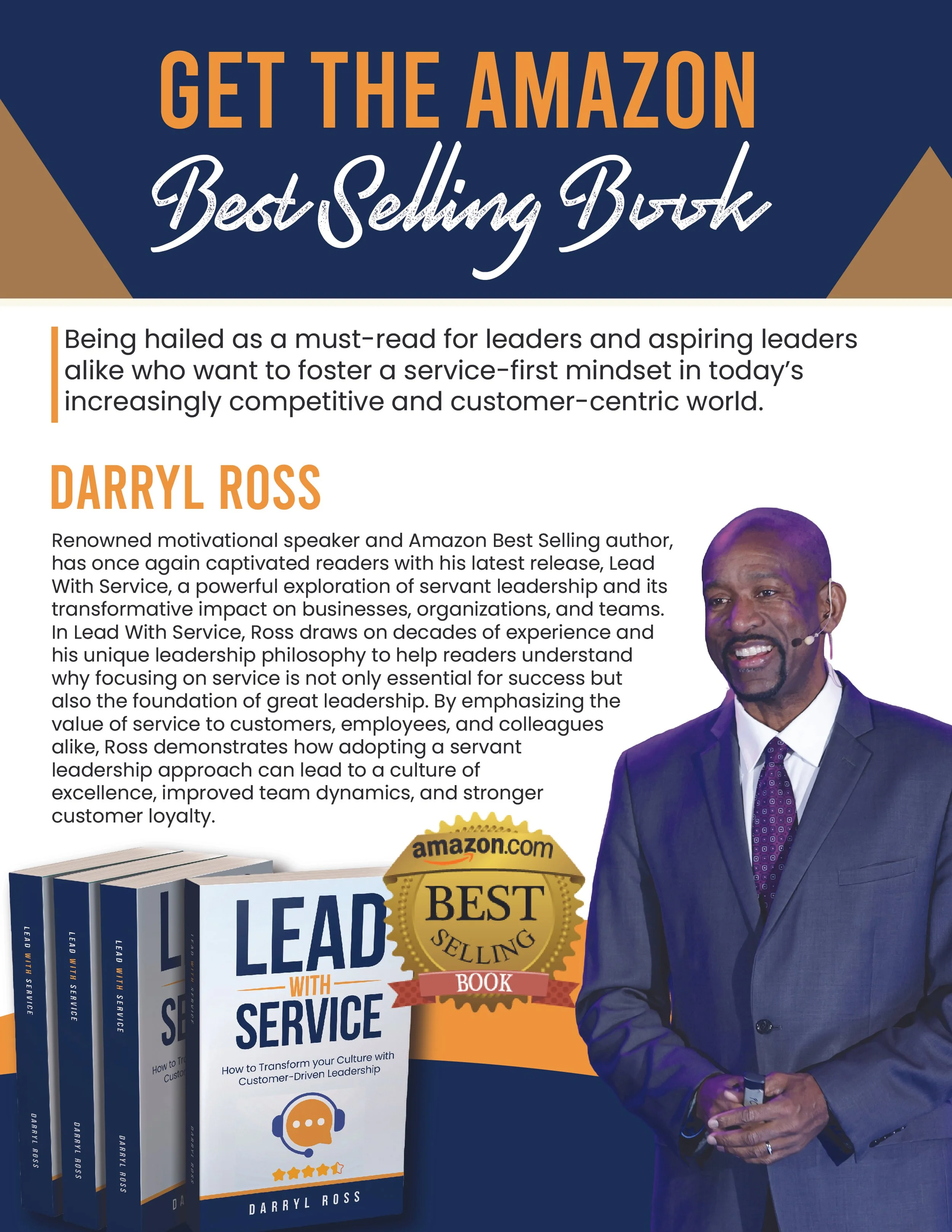 The cover of a book titled "Lead with Service" by Darryl Ross, promoting his other books on customer service and leadership, featuring a portrait of a man in a suit with a headset, standing against a blue background with gold and orange accents.