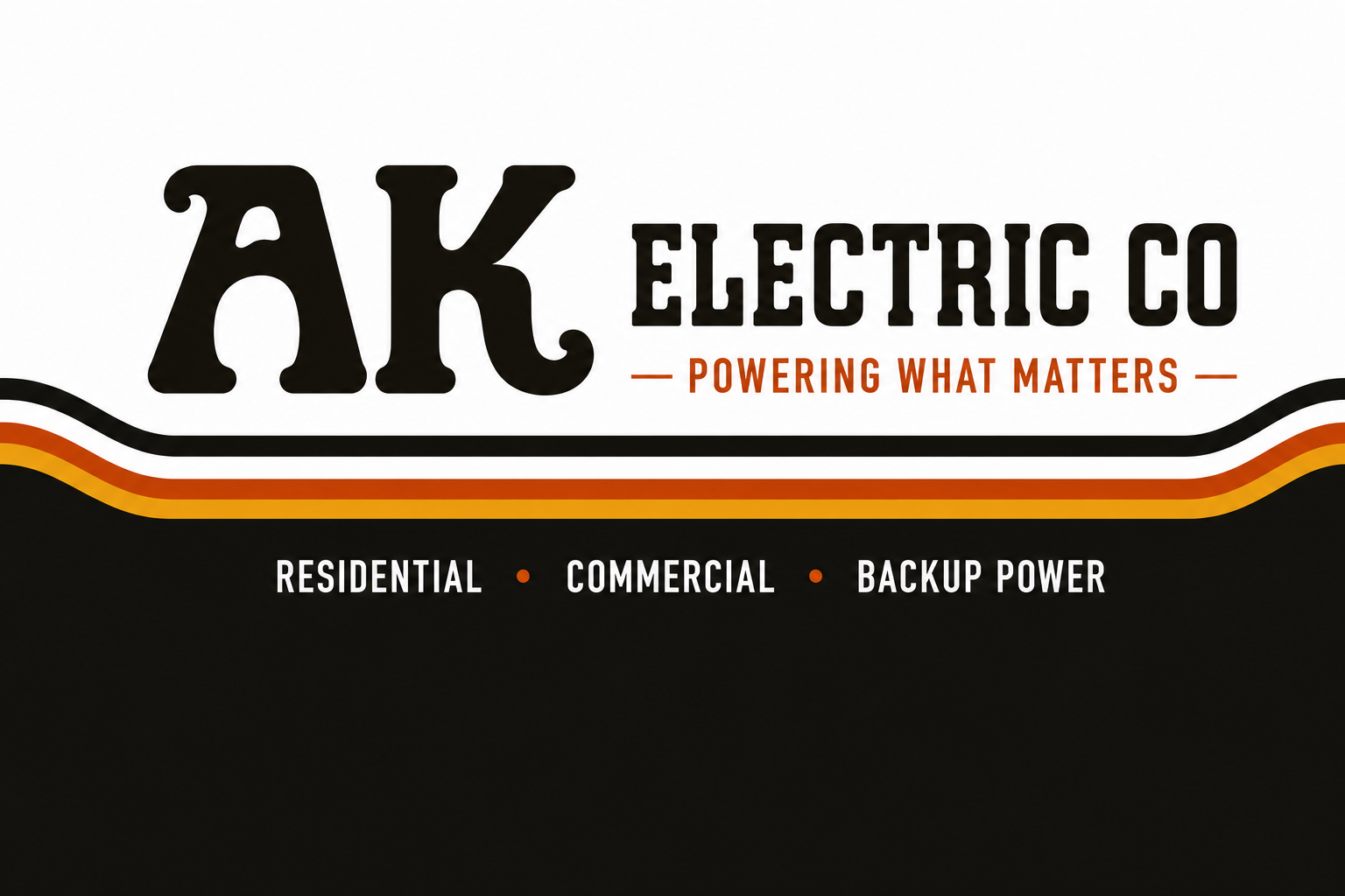 Logo for AK Electric Co with the slogan "Powering What Matters" and services including residential, commercial, and backup power.