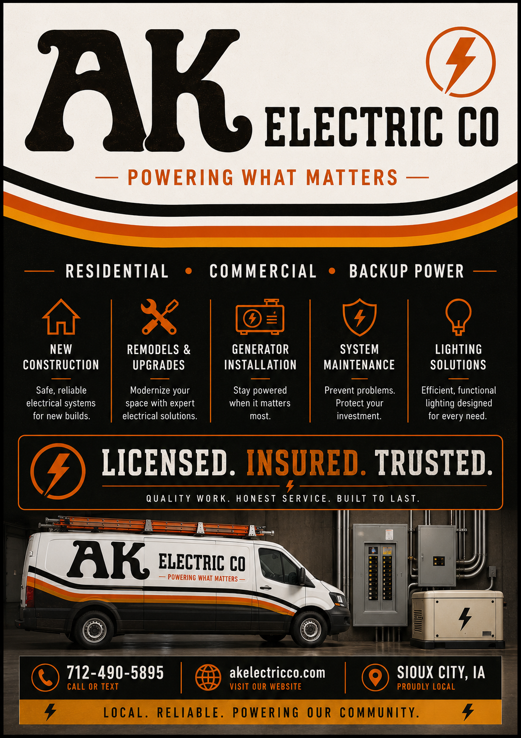 Advertisement for AK Electric Co featuring the company's services and contact information, with a van displaying the logo and slogan, and an industrial electrical setup in the background.