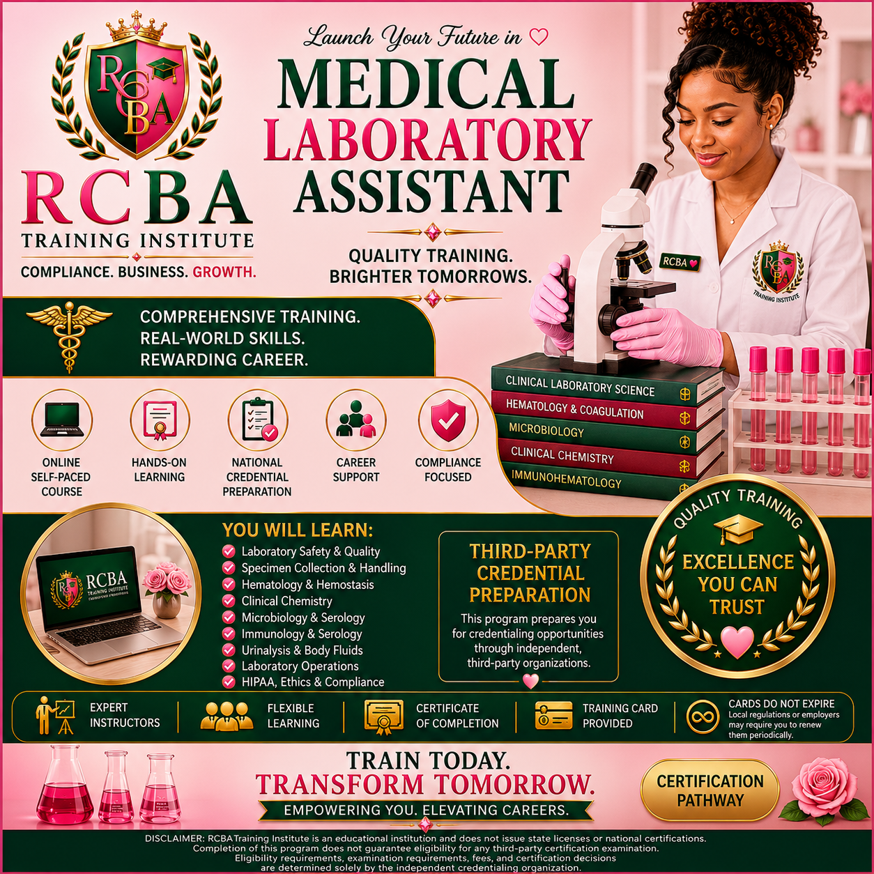An advertisement for RCBA Training Institute promoting medical laboratory assistant training. Features a woman using a microscope, a list of courses like clinical laboratory science, hematology, microbiology, and certification details. Highlights online courses, hands-on learning, credential preparation, and career support.