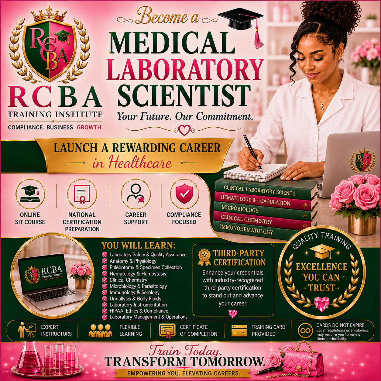 An advertisement for RCBA Training Institute promoting medical laboratory scientist training, featuring a woman writing in a notebook, a stack of laboratory science books, and various icons indicating online courses, certifications, career support, and compliance focus.
