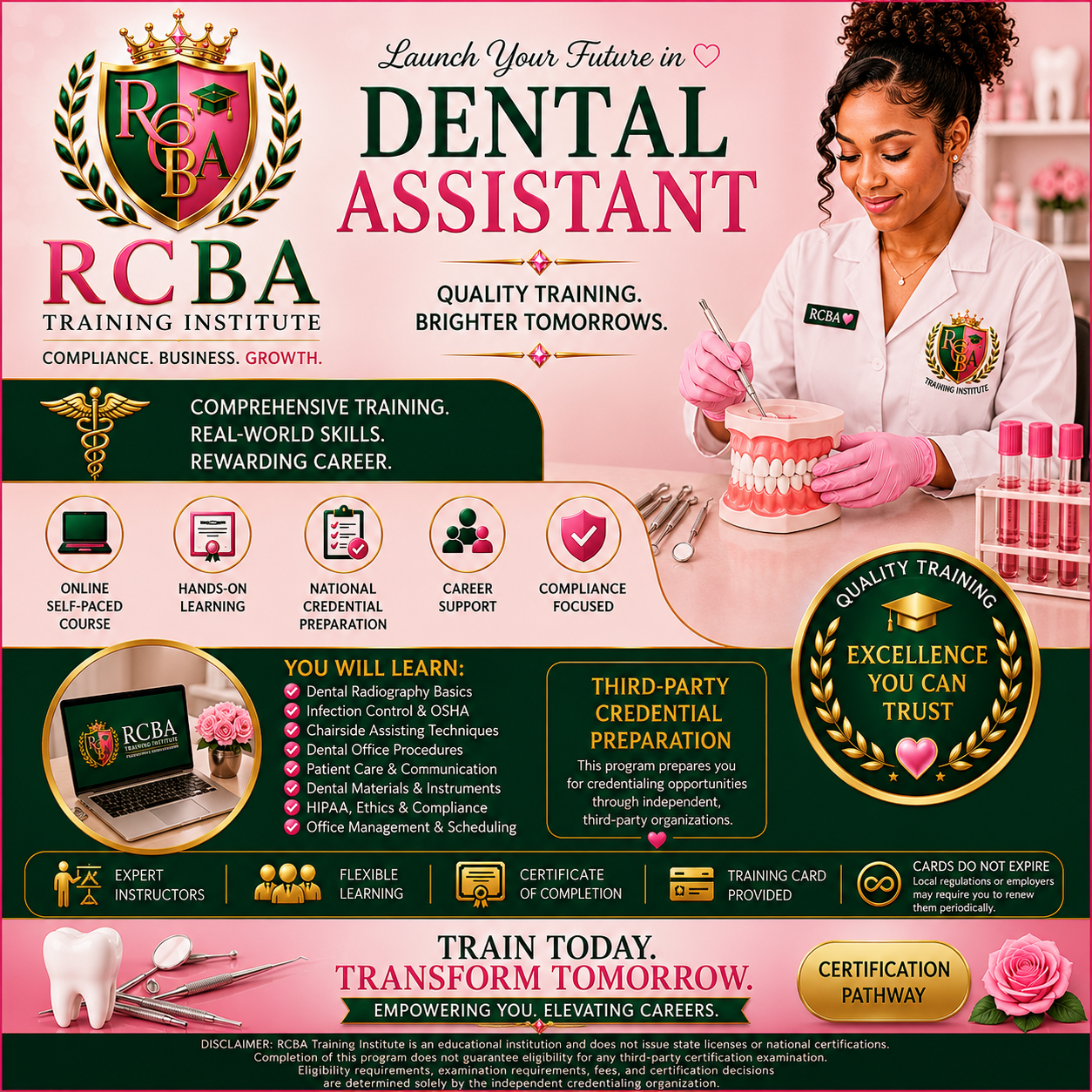 An advertisement for RCBA Training Institute promoting dental assistant training. Features a woman in pink gloves demonstrating dental procedures with dental models, a laptop displaying the RCBA logo, and various icons representing online courses, hands-on learning, and career support. Emphasizes comprehensive training, certification, and third-party credential preparation.
