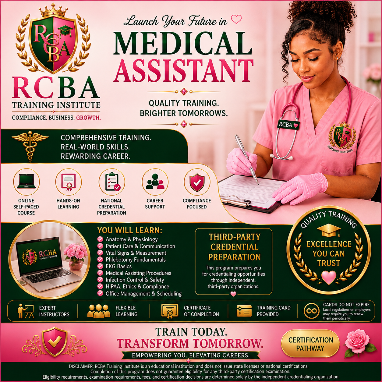 An advertisement for the RCBA Training Institute promoting medical assistant training. Features a woman in scrubs with a stethoscope, icons highlighting online self-paced courses, hands-on learning, national credential preparation, career support, and compliance focus. Mentions learning anatomy, patient care, vital signs, and other medical fundamentals. Emphasizes expert instructors, flexible learning, certification, and trust. Includes a logo, a laptop with RCBA branding, and a certification pathway button.