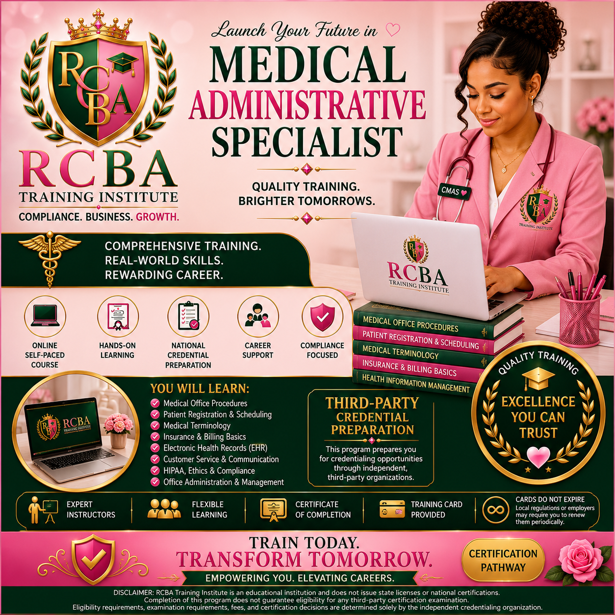 An advertisement for RCBA Training Institute offering medical administrative specialist training. It features a smiling healthcare professional in a pink coat with a stethoscope and laptop, alongside text highlighting course benefits such as online courses, hands-on learning, and certification preparation.