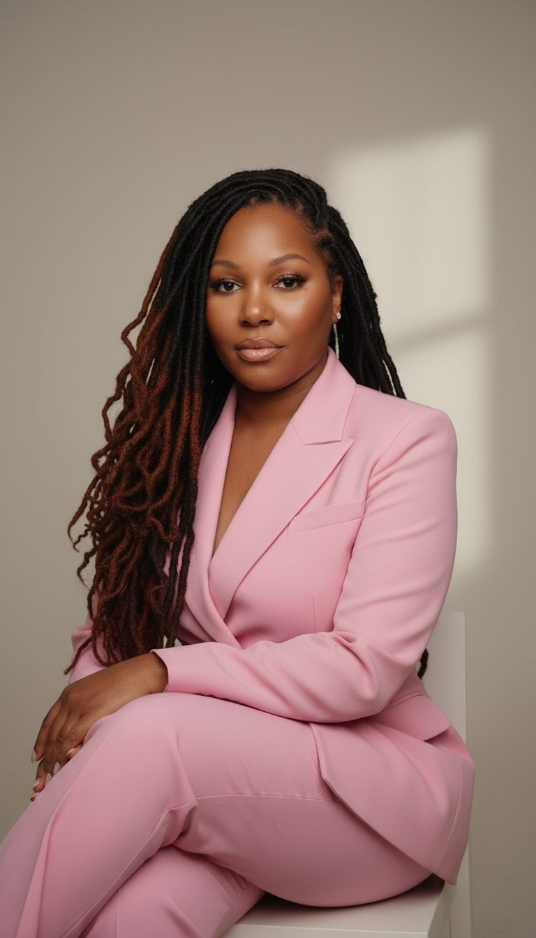 A woman in a pink suit sitting with her arm resting on her knee, looking confidently at the camera, with a plain background.