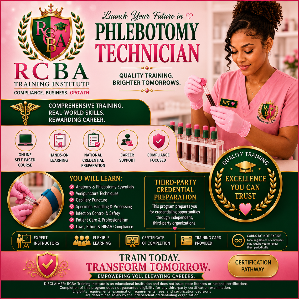 An advertisement for RCBA Training Institute promoting phlebotomy technician training. The design features a smiling woman in pink scrubs holding test tubes of blood, along with icons and text highlighting online courses, hands-on learning, credential preparation, and career support. The ad emphasizes quality training, certification, and the future career benefits of becoming a phlebotomy technician.