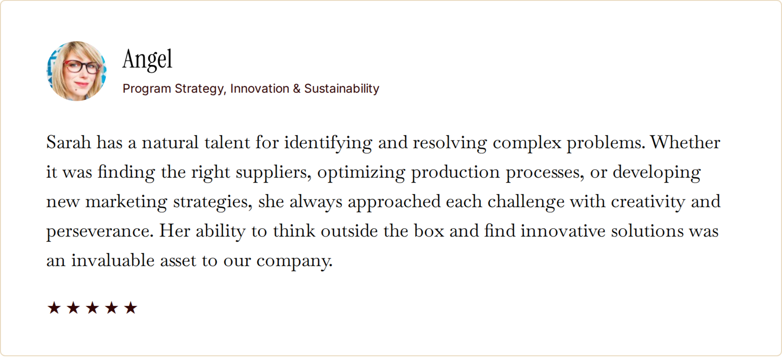 Testimonial from Angel with her photo, name, title, and describes Sarah's skills and approach to problem-solving, with a 5-star rating below.