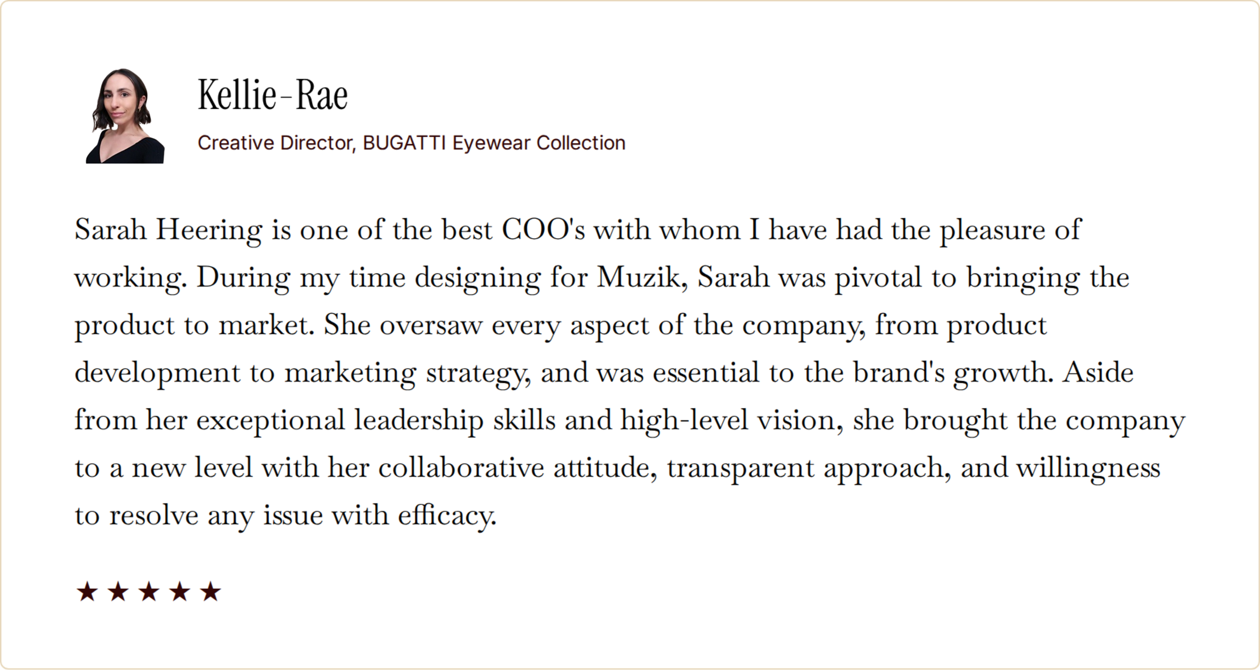 Testimonial from Kellie-Rae with her photo, name, title as Creative Director at BUGATTI Eyewear Collection, discussing her insightful interaction with Sarah, with a 5-star rating below.