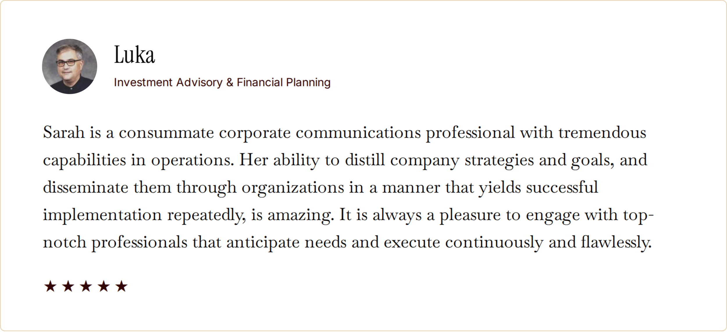 Testimonial from Luka with his photo, name, title, and information about his work with Sarah, with a 5-star rating below.