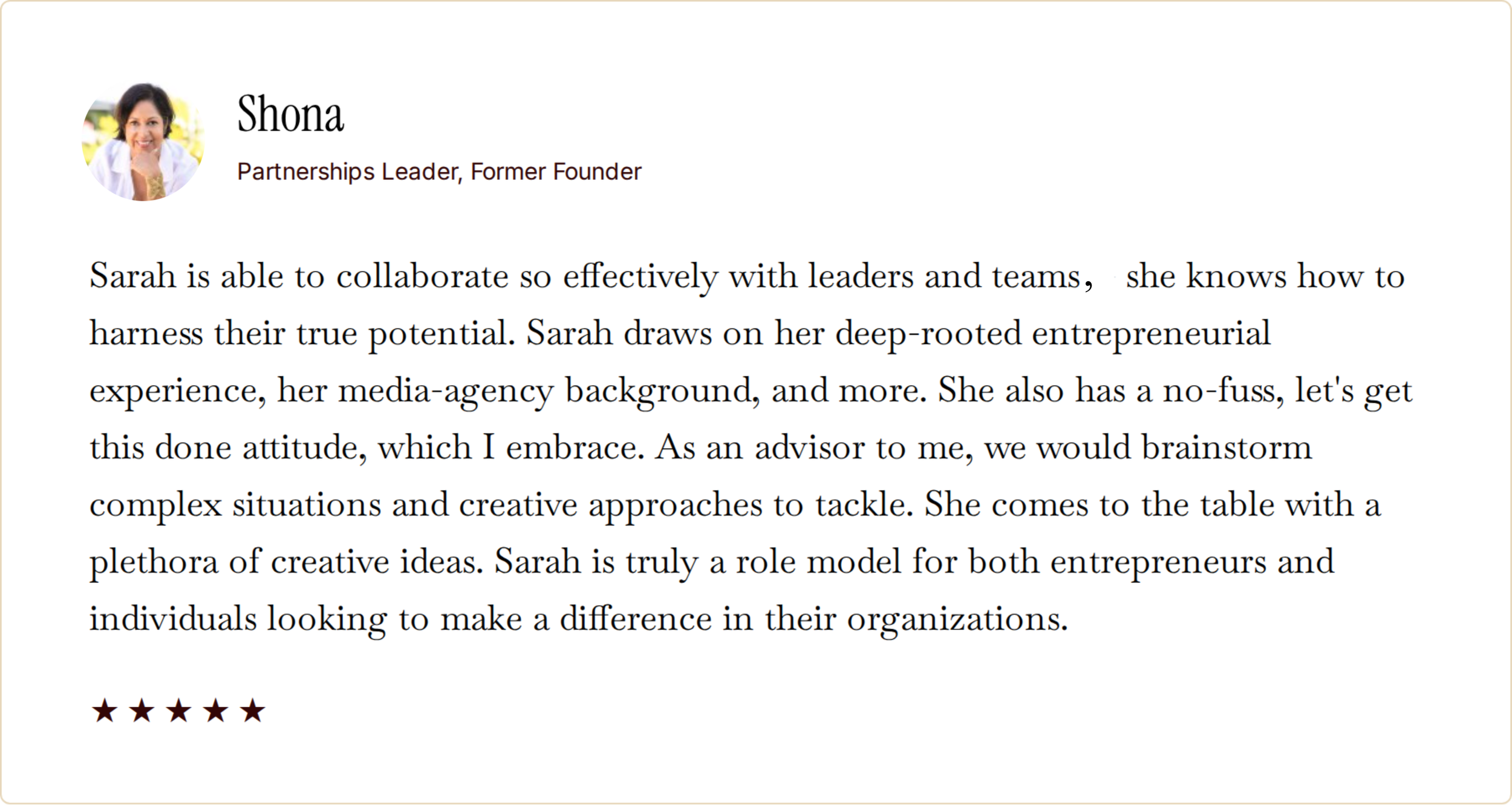 Testimonial from Shona about her work with Sarah, with five stars below.