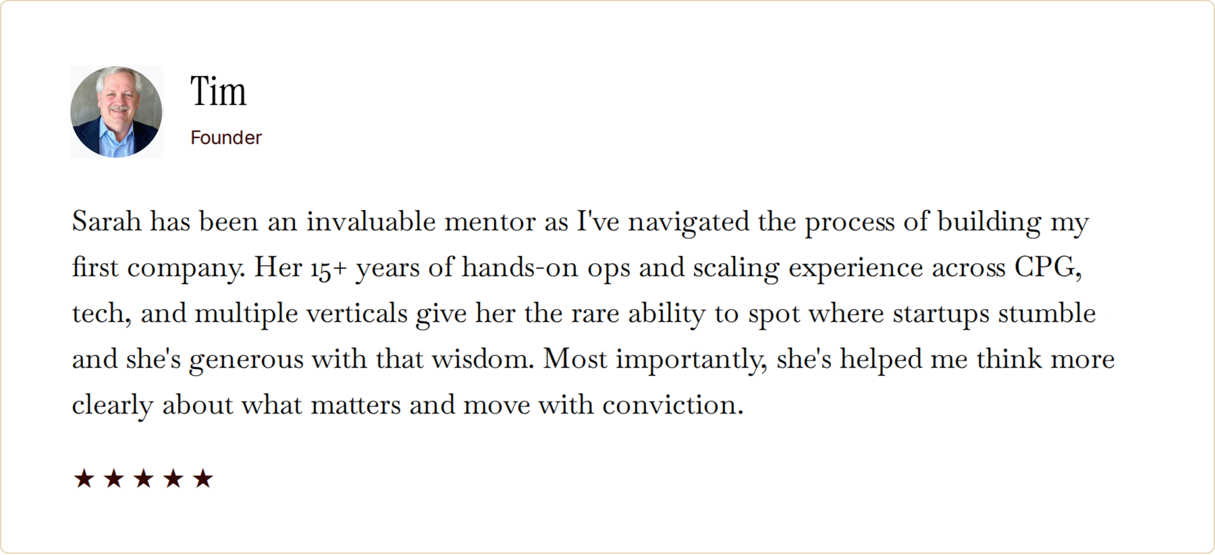 Testimonials from Tim describing Sarah as a mentor with over 15 years of experience in tech and scaling startups, and five gold stars at the bottom.
