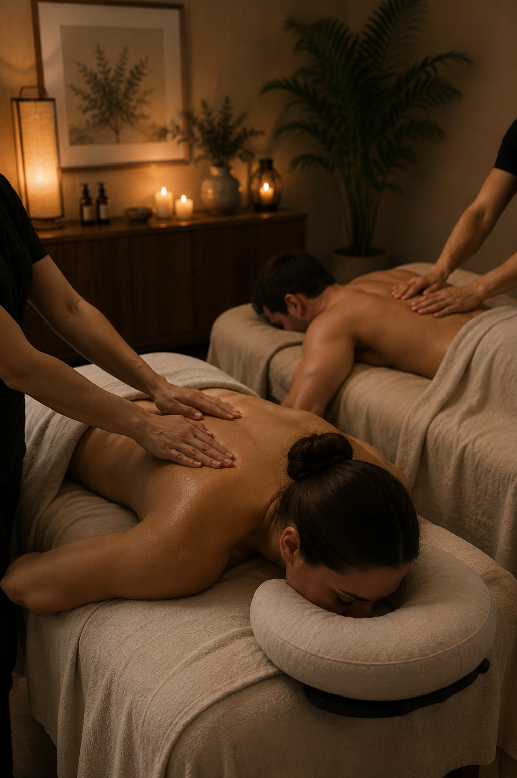 Two people receiving massages in a dimly lit spa room with candles, plants, and framed botanical art on the wall.