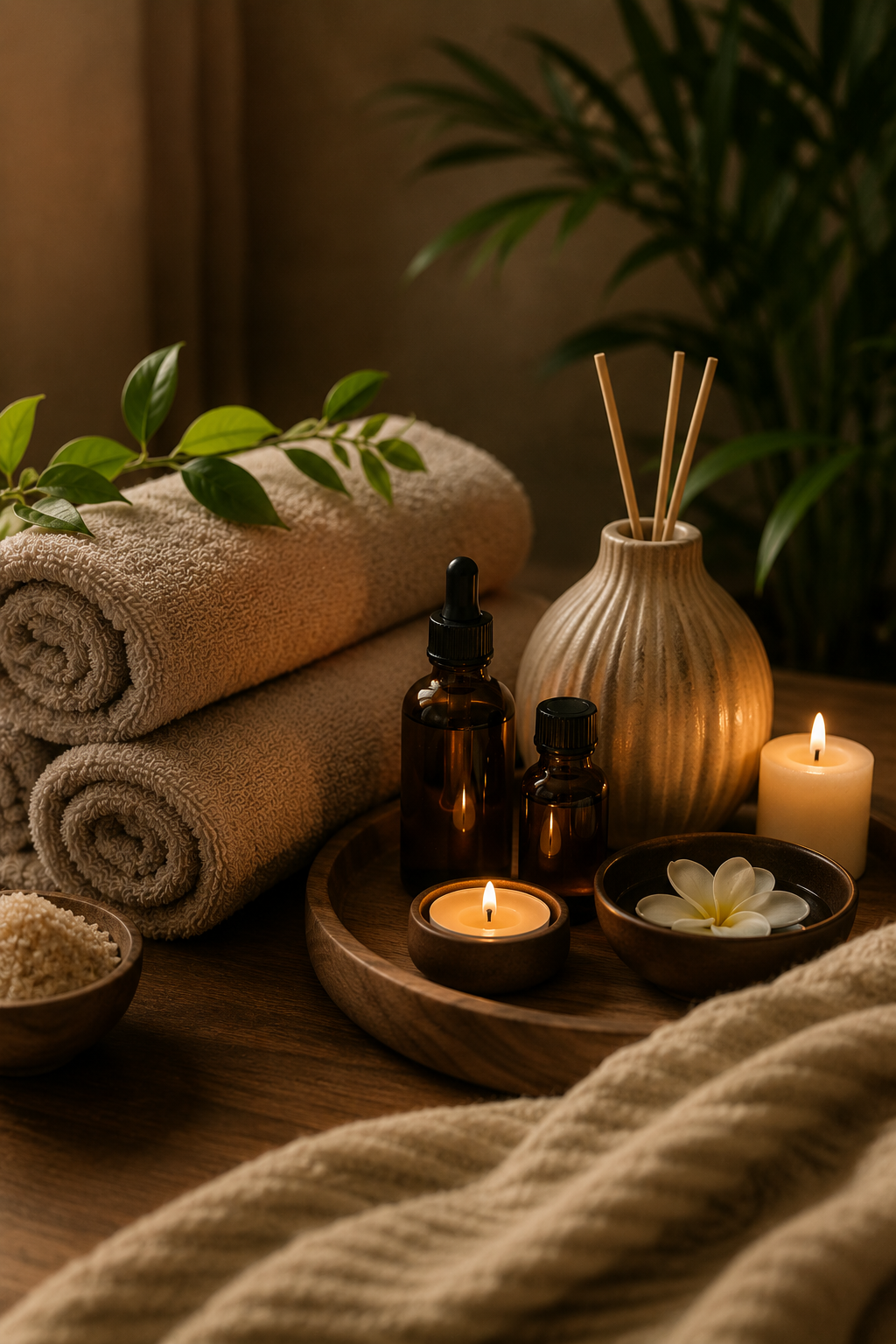 Spa setting with rolled beige towels, green leaves, candles, essential oils in amber bottles, a ceramic diffuser with reed sticks, a bowl of white flowers, and a bowl of bath salts on a wooden surface.