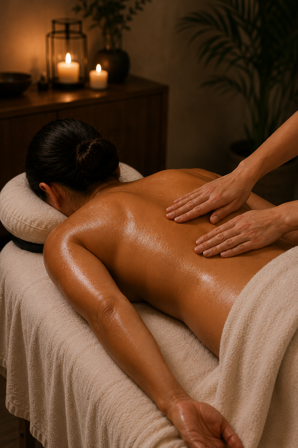 A woman receives a massage in a dimly lit spa room with candles and plants in the background.