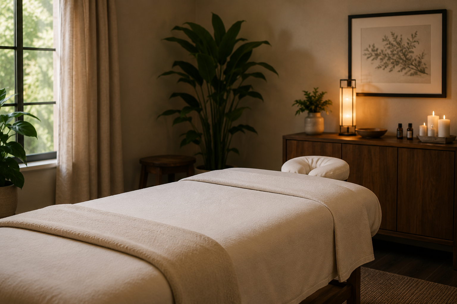 A cozy massage room with a neatly made bed, large green plants, candles, and soft lighting.