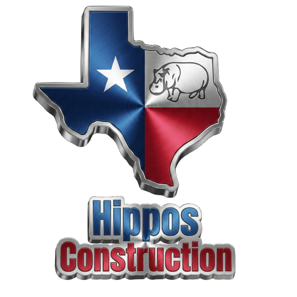 Hippos Construction 3D metal logo with the Texas map outline, featured in the company core values section