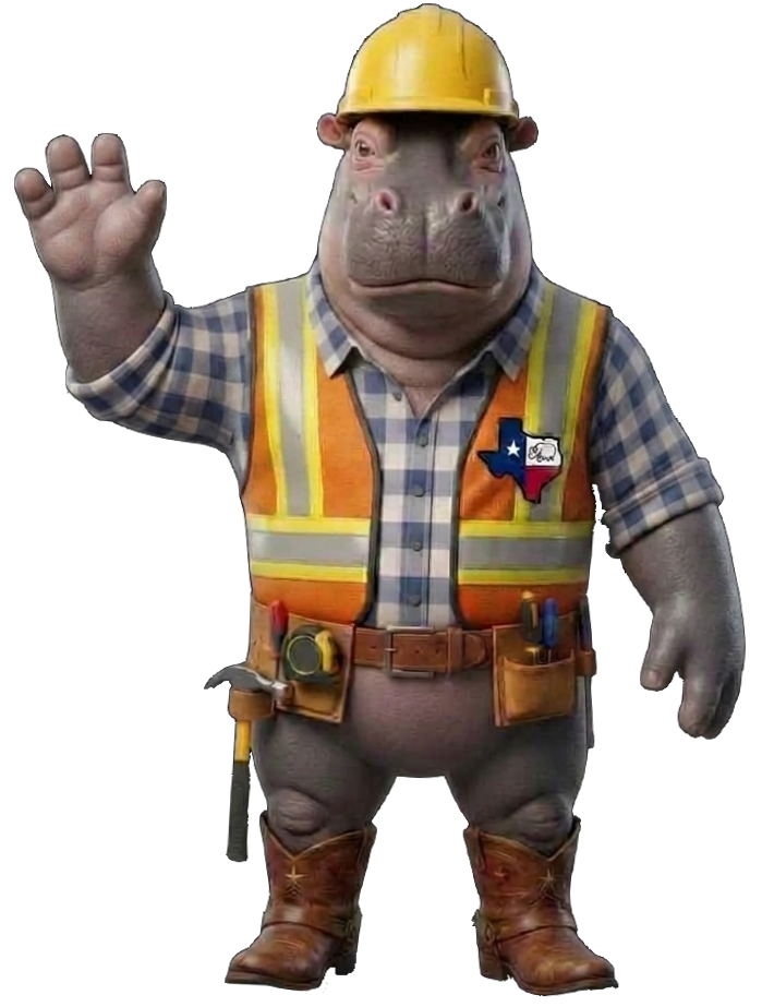 Hippo-Lito, the Hippos Construction mascot wearing safety gear and a Texas flag pin, presenting the company mission.
